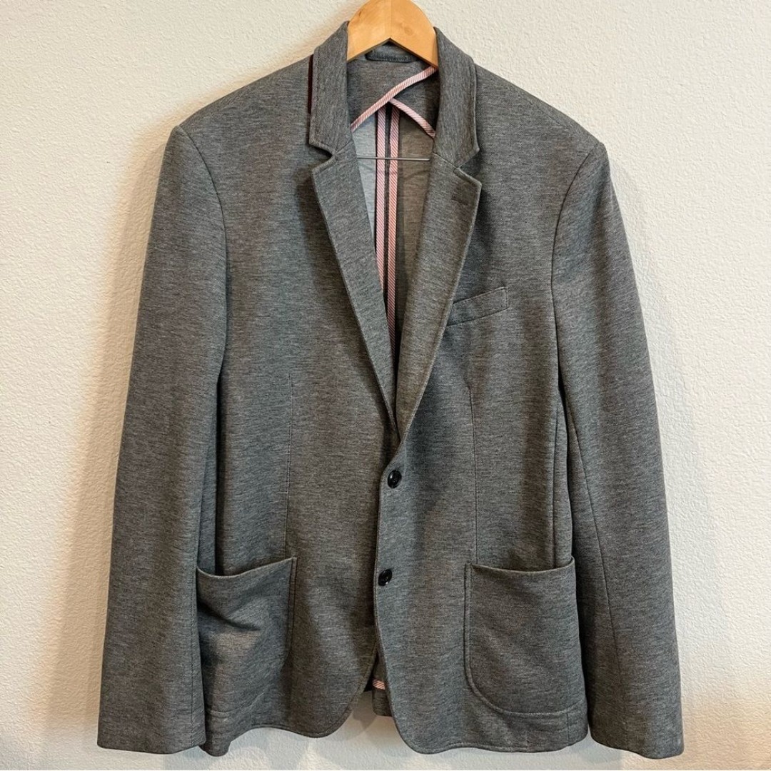 Zara Man size 44 gray relaxed fit blazer with tan elbow patches light weight