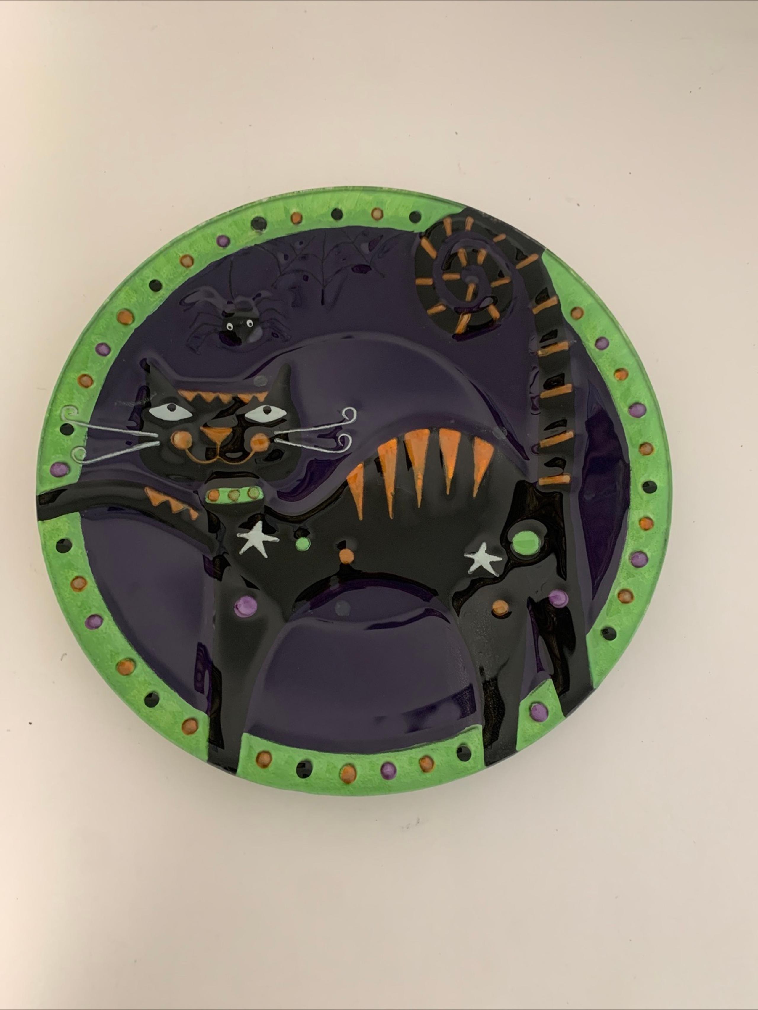 Halloween BLACK CAT ART Plate Lori Siebert Silvestri 12" Glass Fusion Plater
