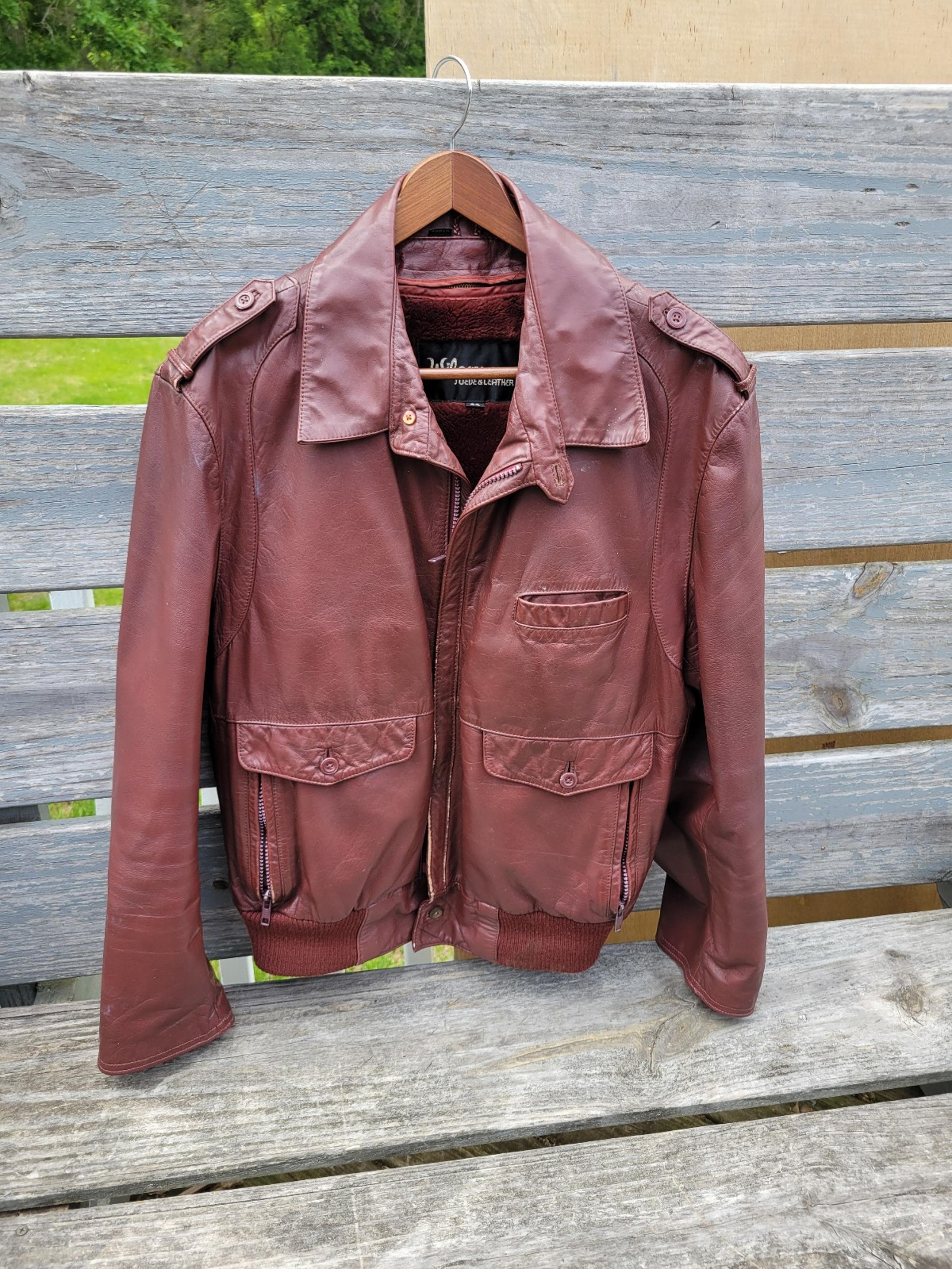 Vintage 80s Wilsons Suede Leather Jacket Men Size 44 Burgundy Moto Bomber
