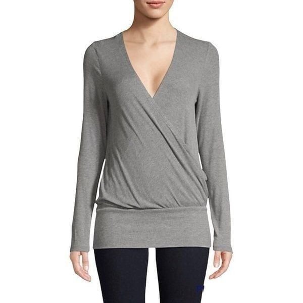 BCBGMaxAzria Crossover V Neck Long Sleeve Top Heather Gray Women’s US Size Small