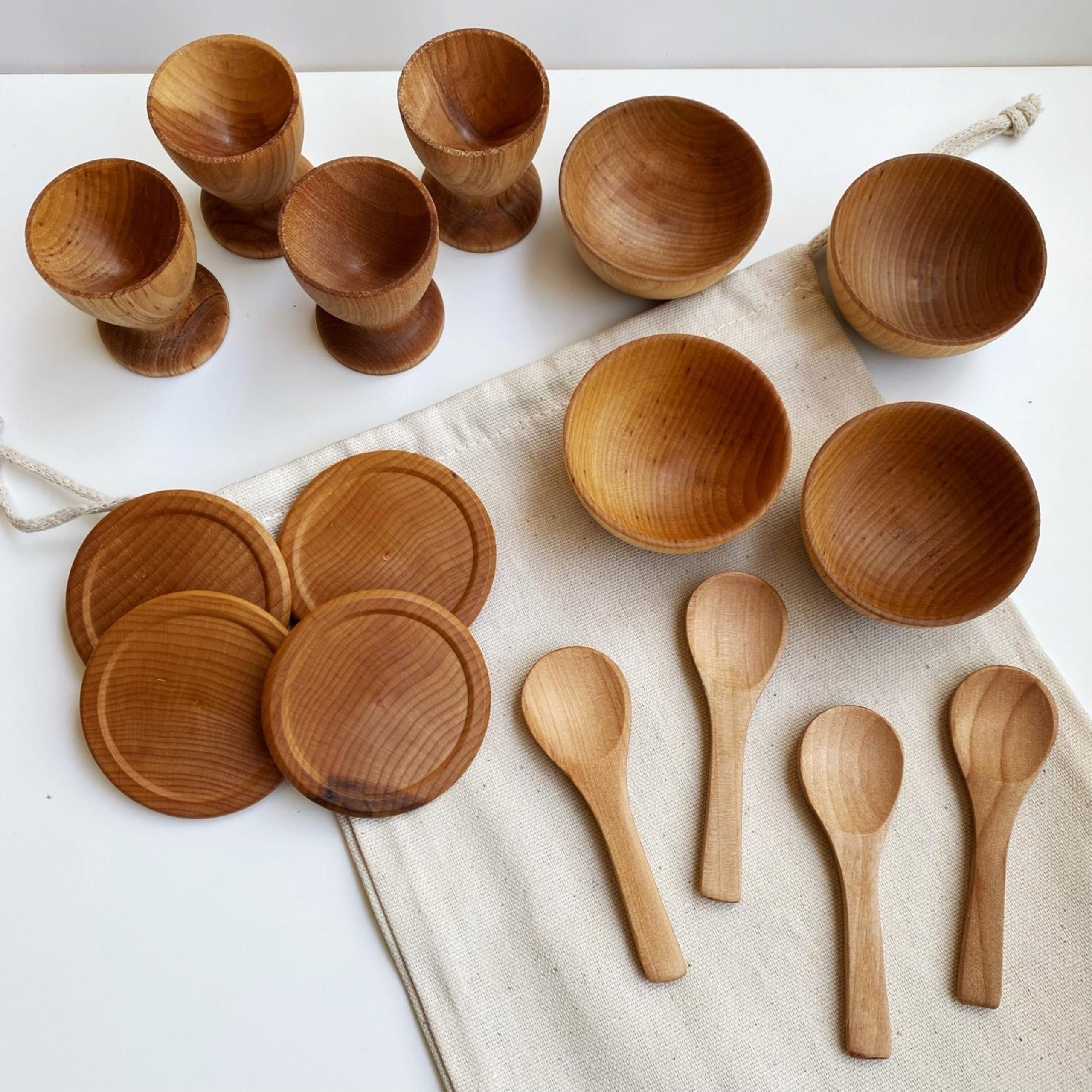 Montessori Waldorf Wooden Pretend Play Dish Set | Kitchen Tools | Bowls Cups