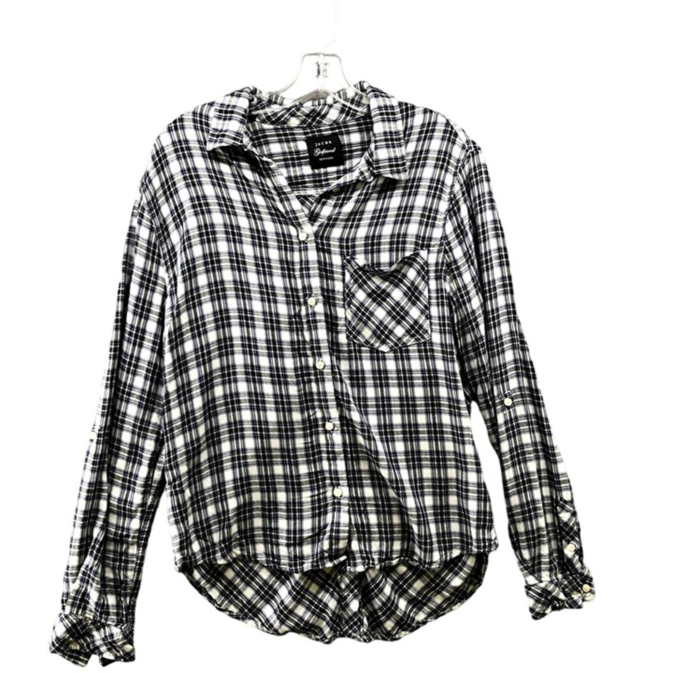 Jachs Girlfriend Shirt Womens L Navy Blue Plaid Button Down Rayon Long Sleeve