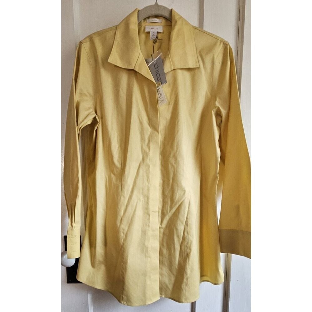 NWT Chico's EFFORTLESS COTTON HELAINA non iron dress shirt woman Sz 2 (L) yellow
