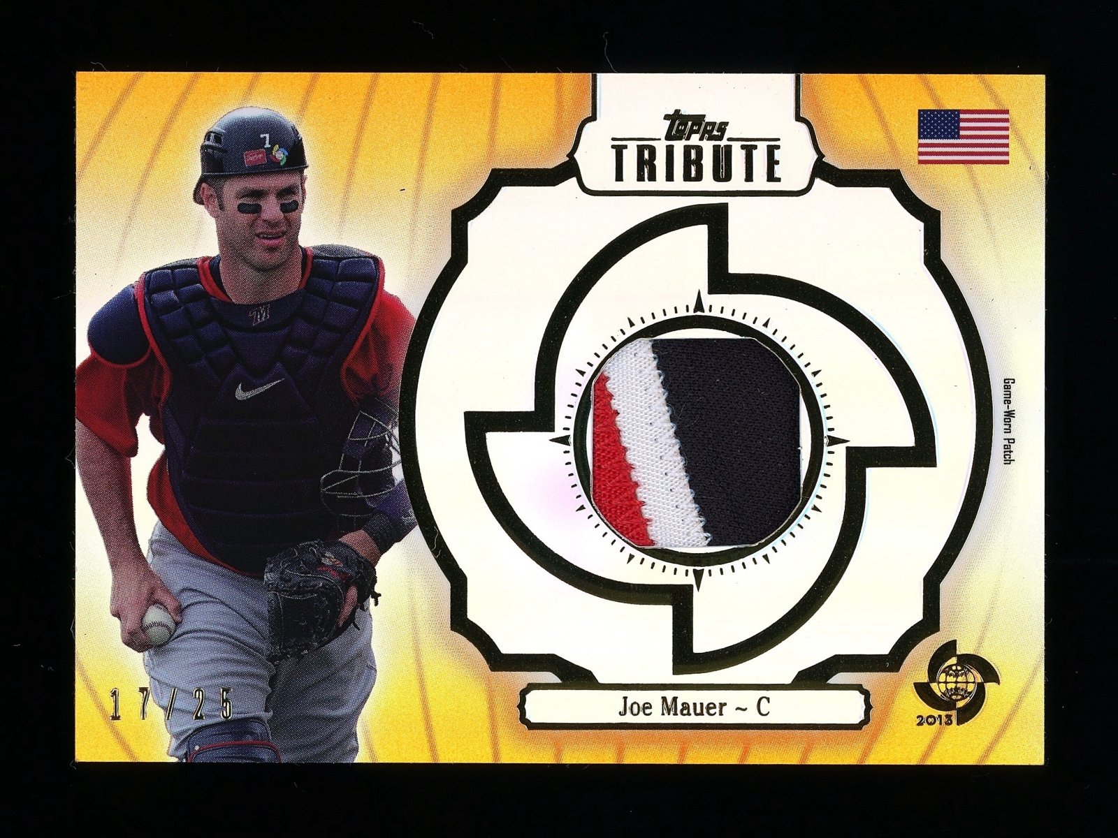 2013 Topps Tribute World Baseball Classic Joe Mauer Patch Orange 17/25 #WPP-JMA