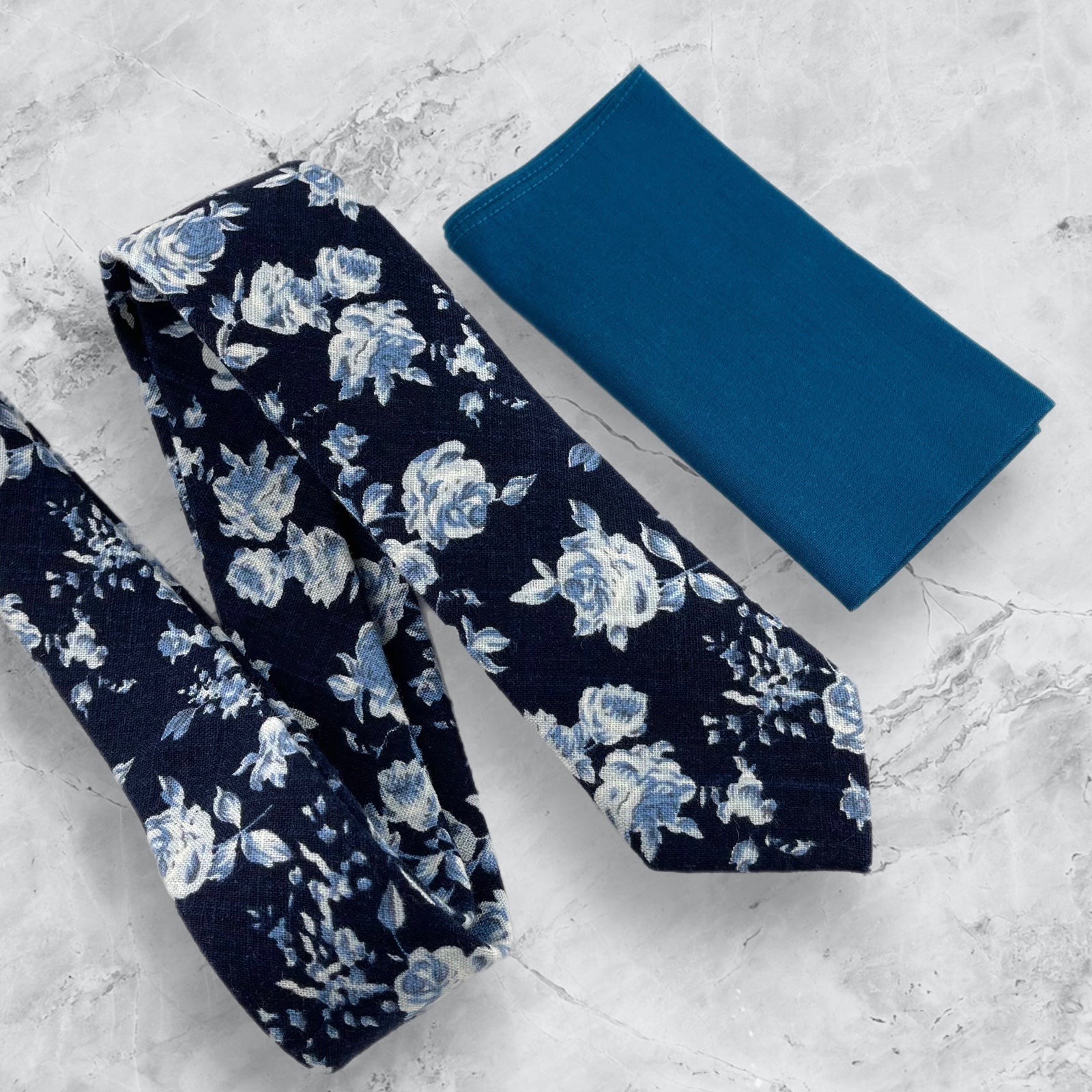 Men's Navy Boho Rose Floral Print Necktie & Silk Pocket Square Set