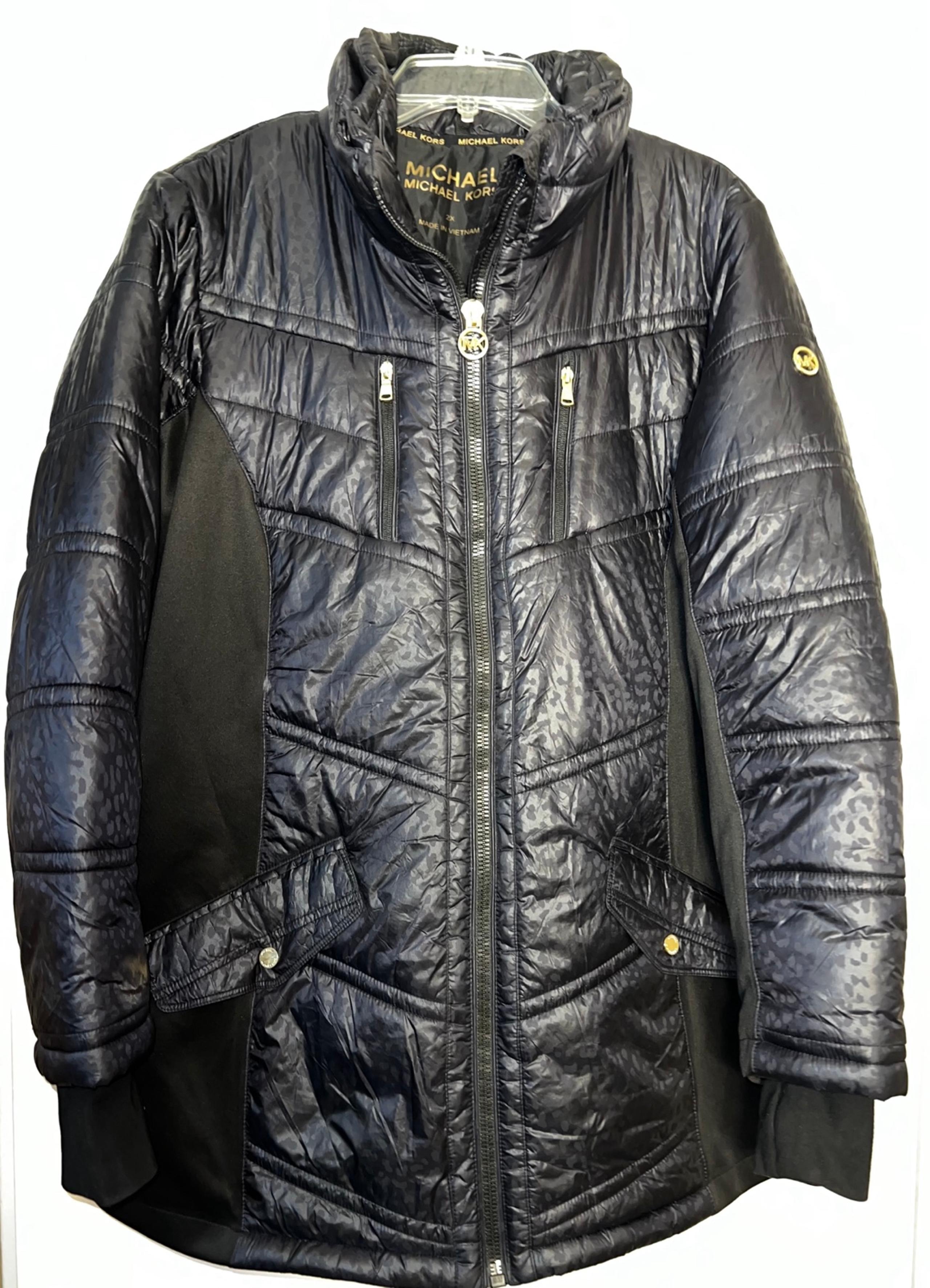 Michael Kors Womens Down Puffer Coat, Black w/leopard Print Size 2XL RN 79675