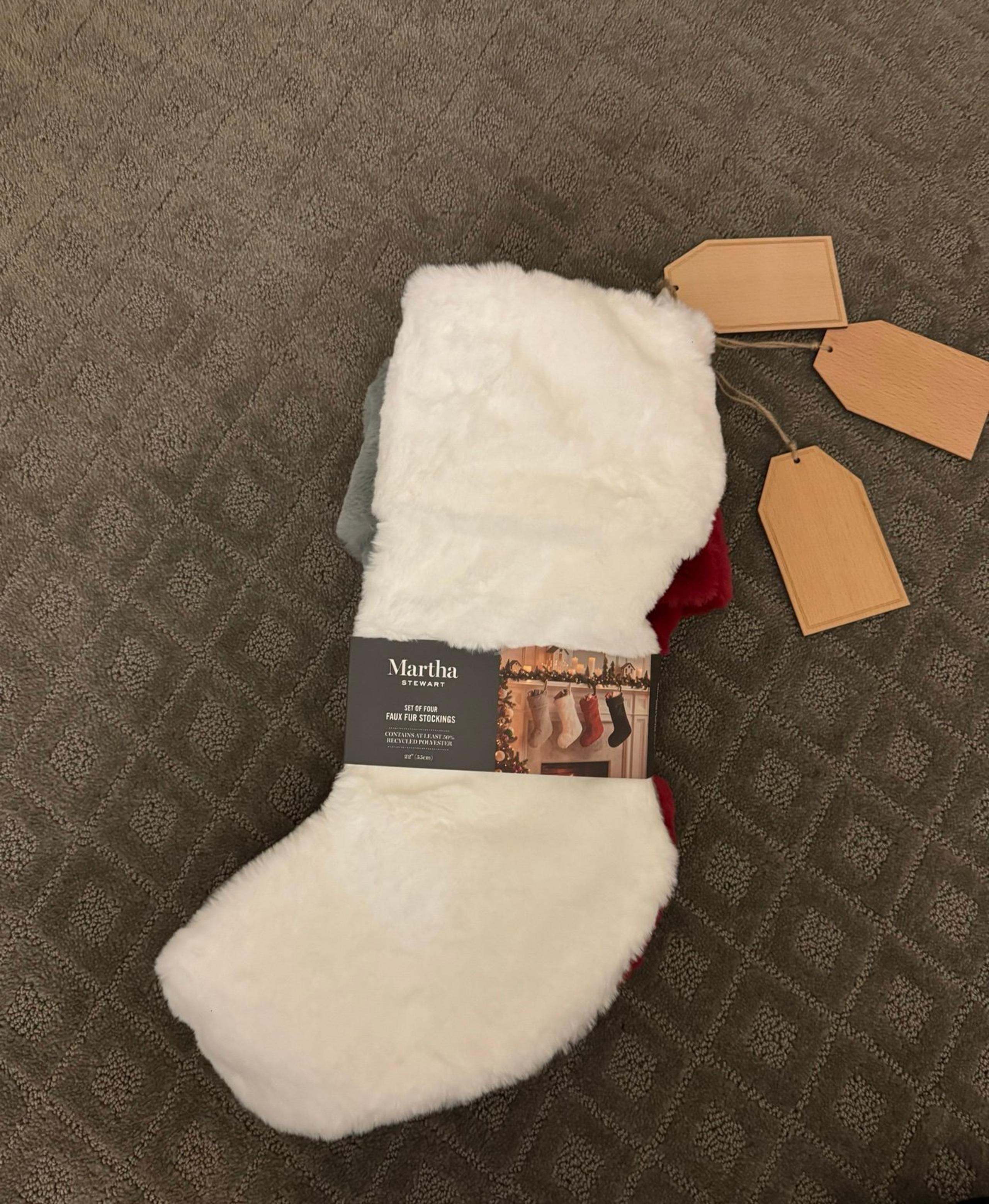 NWT 3pc Martha Stewart Home Gray White Red Faux Fur Christmas Stockings 22"