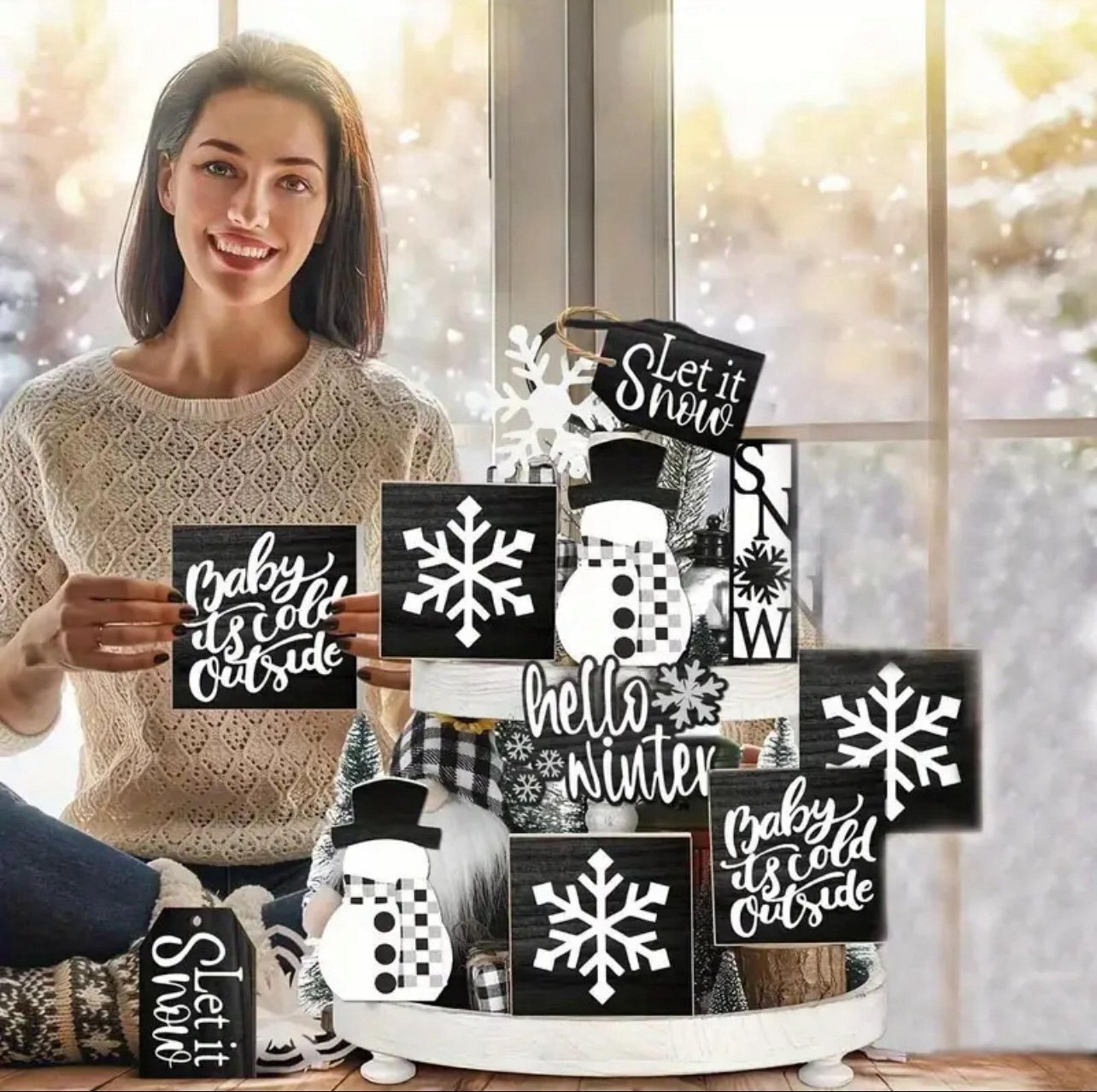 Black and White "Baby It's Cold" Farmhouse Christmas Tiered Tray Decor