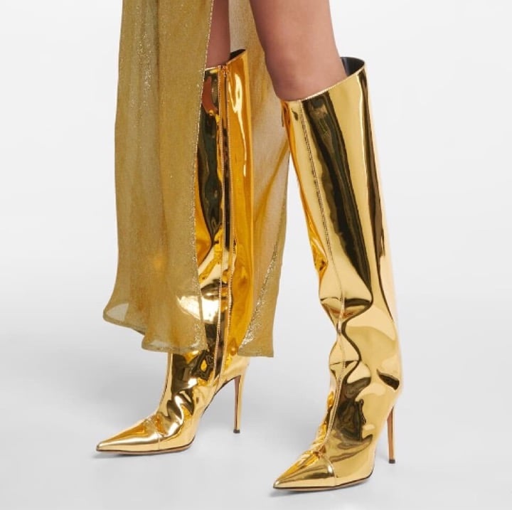 Metallic Leather knee-High Boots | Reflective Holographic Pointed Toe Boots