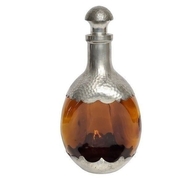 Vtg 70s Hammered Royal Holland Pewter Pinched Amber Glass Triangle Decanter