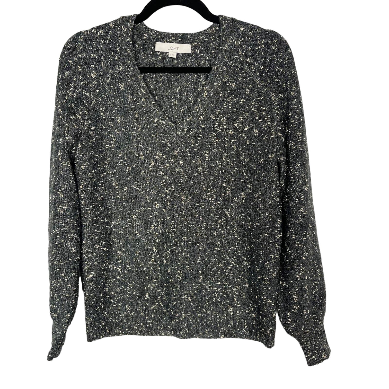 LOFT Small S Gray Green Gold Shimmer Stitch V Neck Sweater Blouson Sleeves Knit