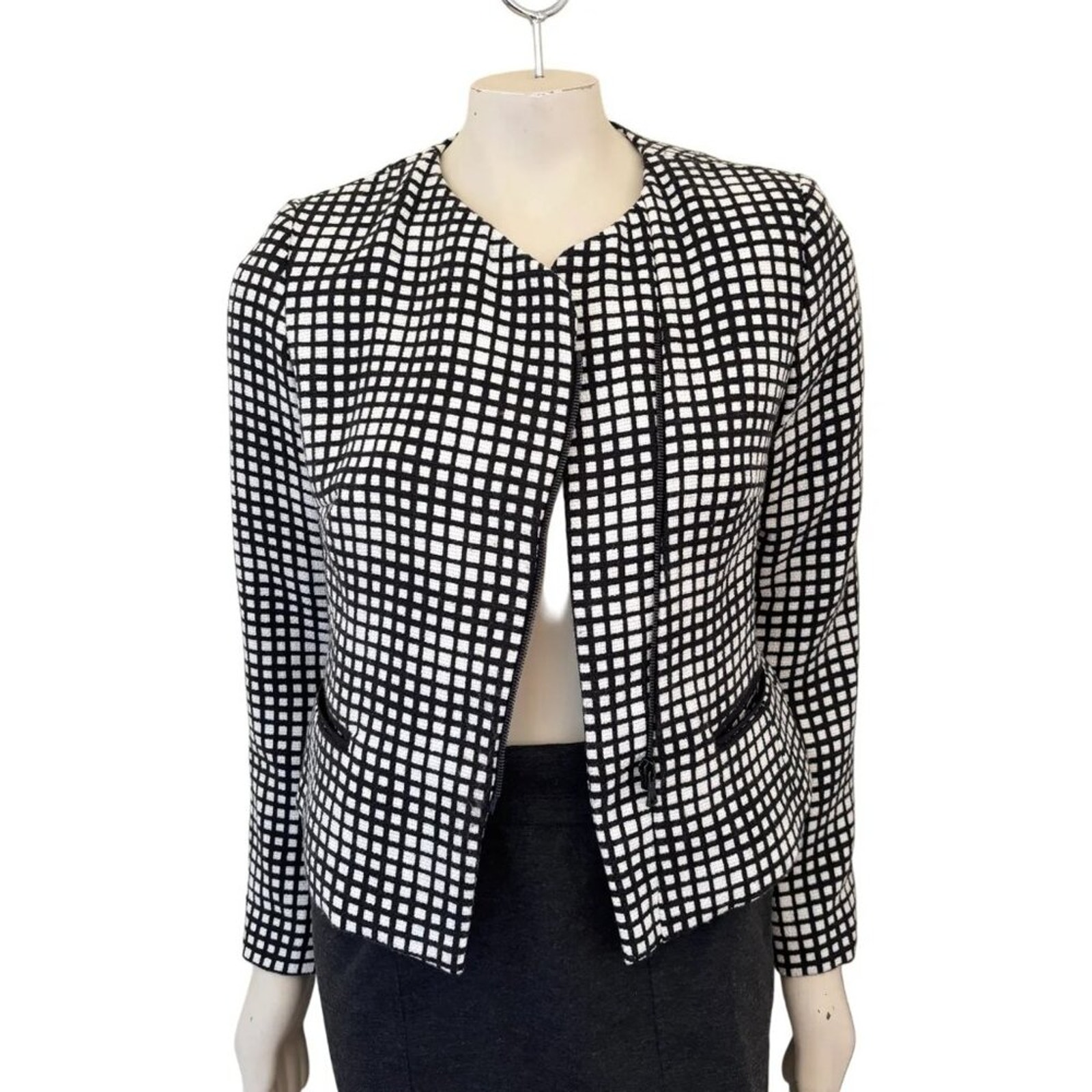 L'AGENCE Asymmetric Zip Black White Check Italian Fabric Tweed Blazer WOMEN'S 4