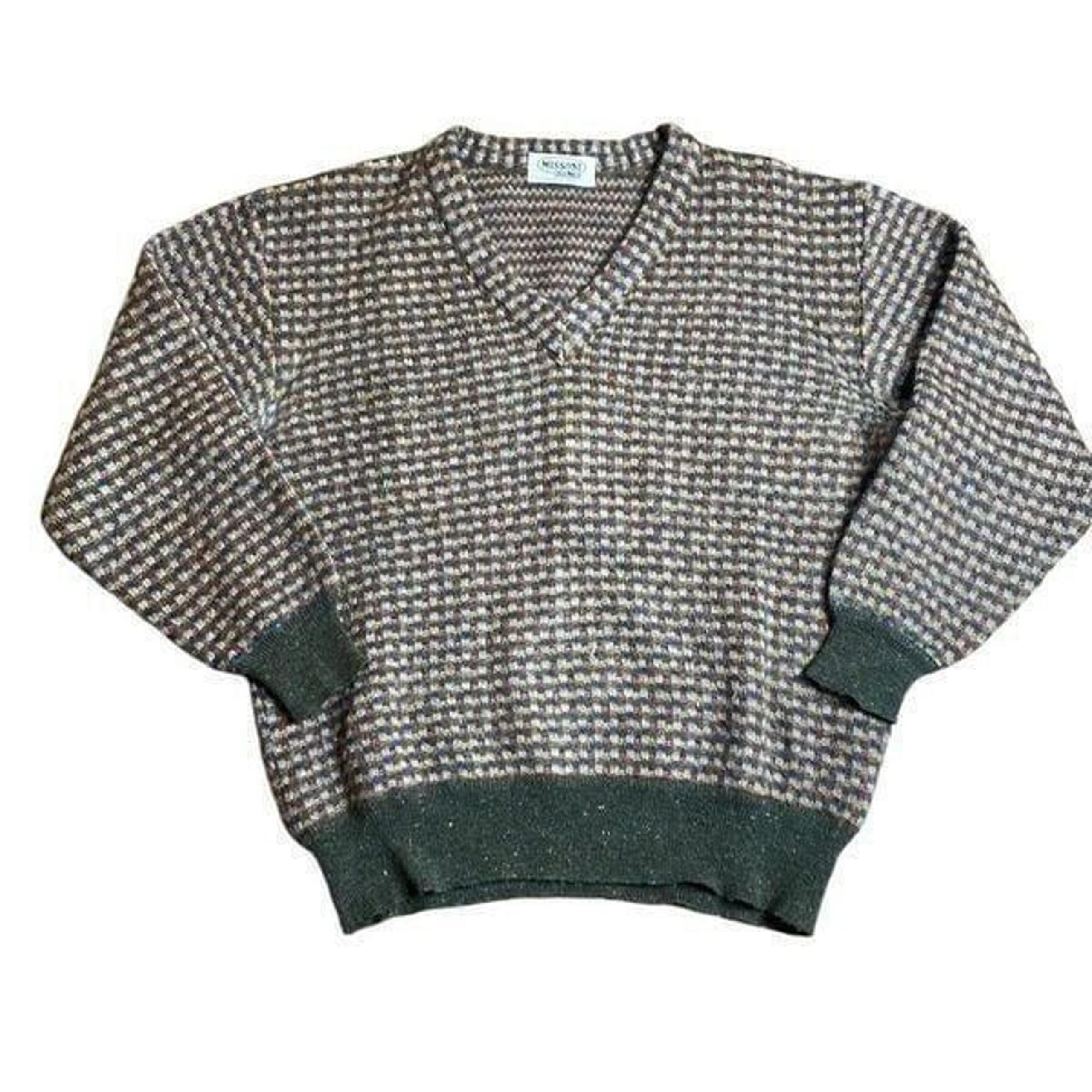 Vintage Missoni Wool Knit v-neck Sweater XL plaid checked multi color