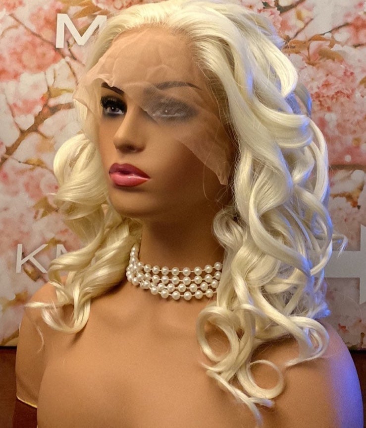 Premium Platinum Blonde Wavy Human Hair Blend Wig