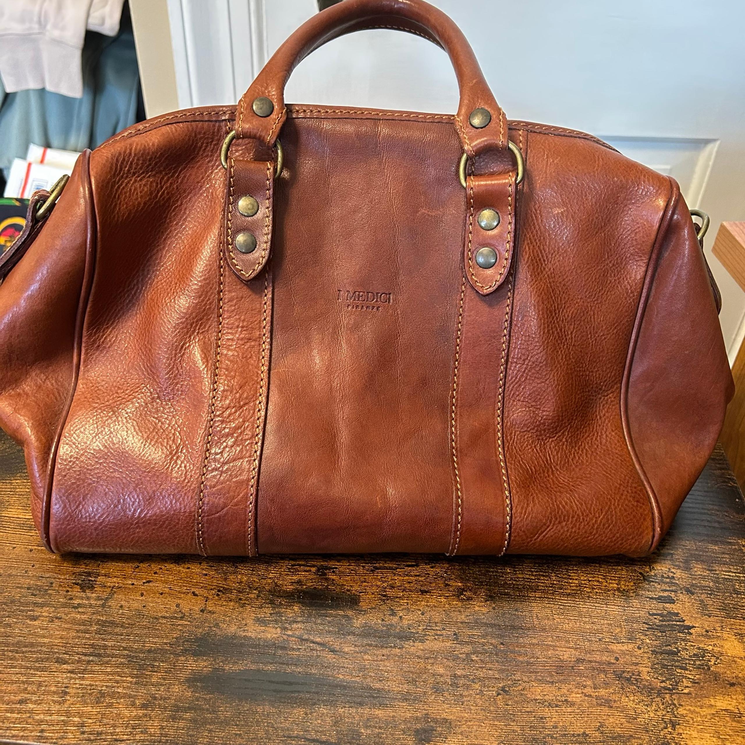 I MEDICI FIRENZE Genuine Leather Brown Travel Duffel Bag Made in Italy.
