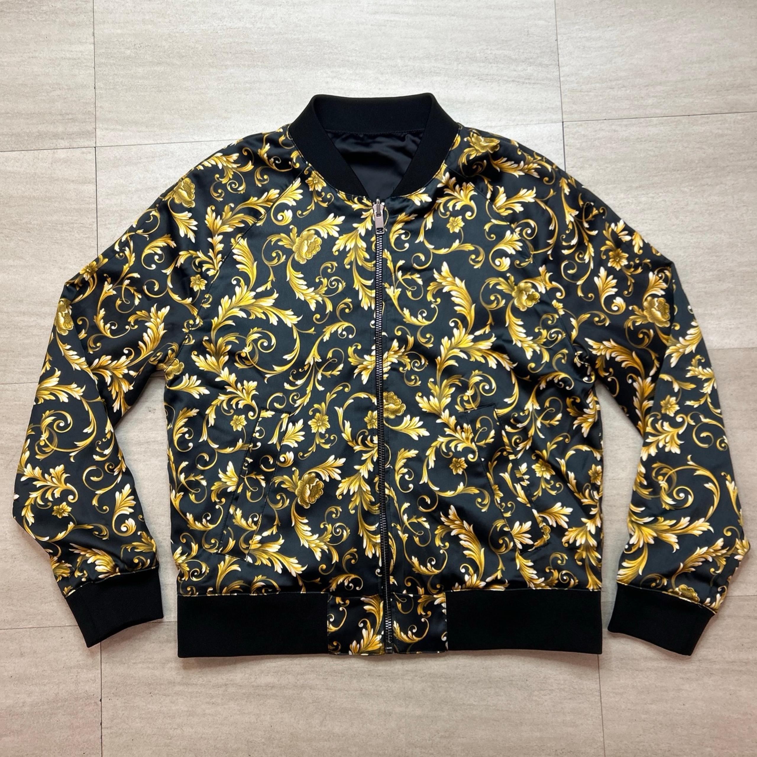 H&M Reversible Bomber Jacket Black & Gold Full Zip with Pockets Men's Medium