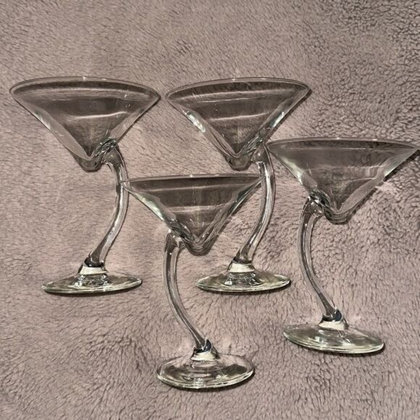 Set of Four Vintage Curved Offset Stem Martini Glasses Libbey Swerve Stem
