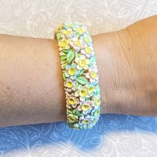 Pastel Celluloid Bangle Bracelet Vintage Carved Flowers Mid Century Bracelet