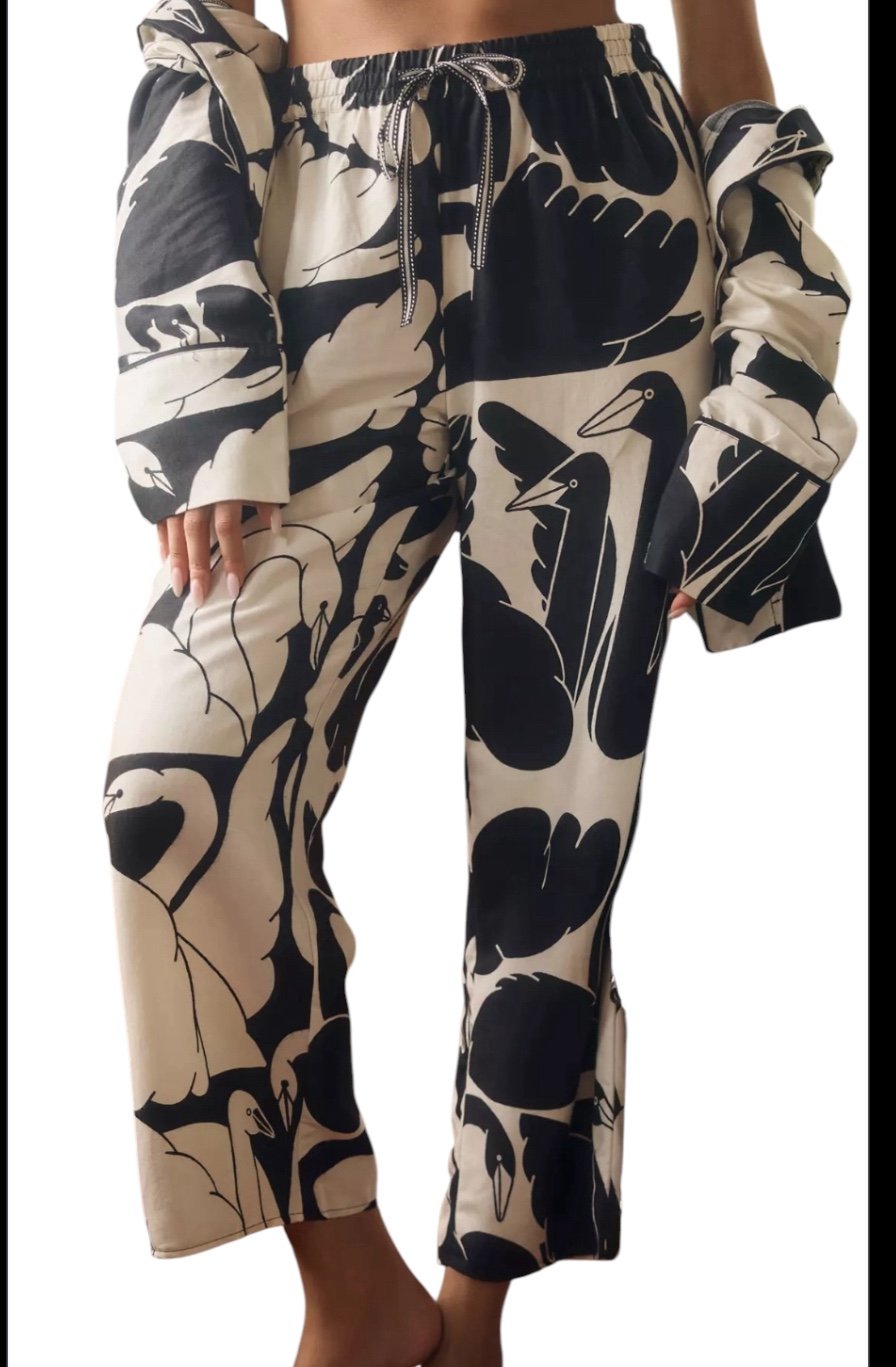 NWT Cecilia Pettersson for Anthropologie Wide-Leg Flannel Pajama Bottoms XL Swan