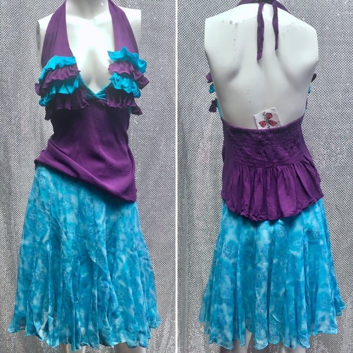 Vtg Y2K a-line panel flare circle skater sequin skirt blue silk fairy mermaid M