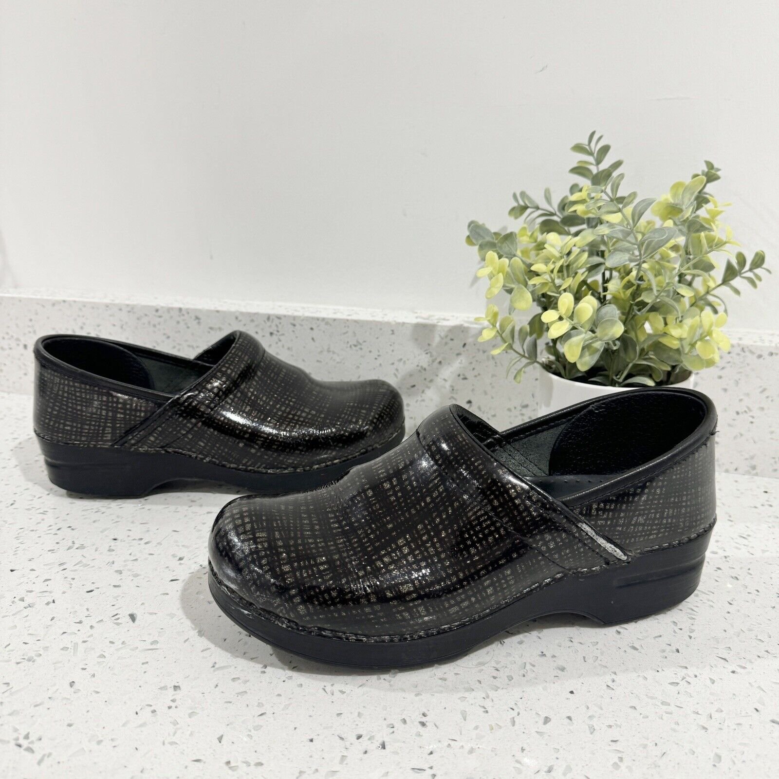 Dansko Grey Black Metallic Slip On Clogs Size 40