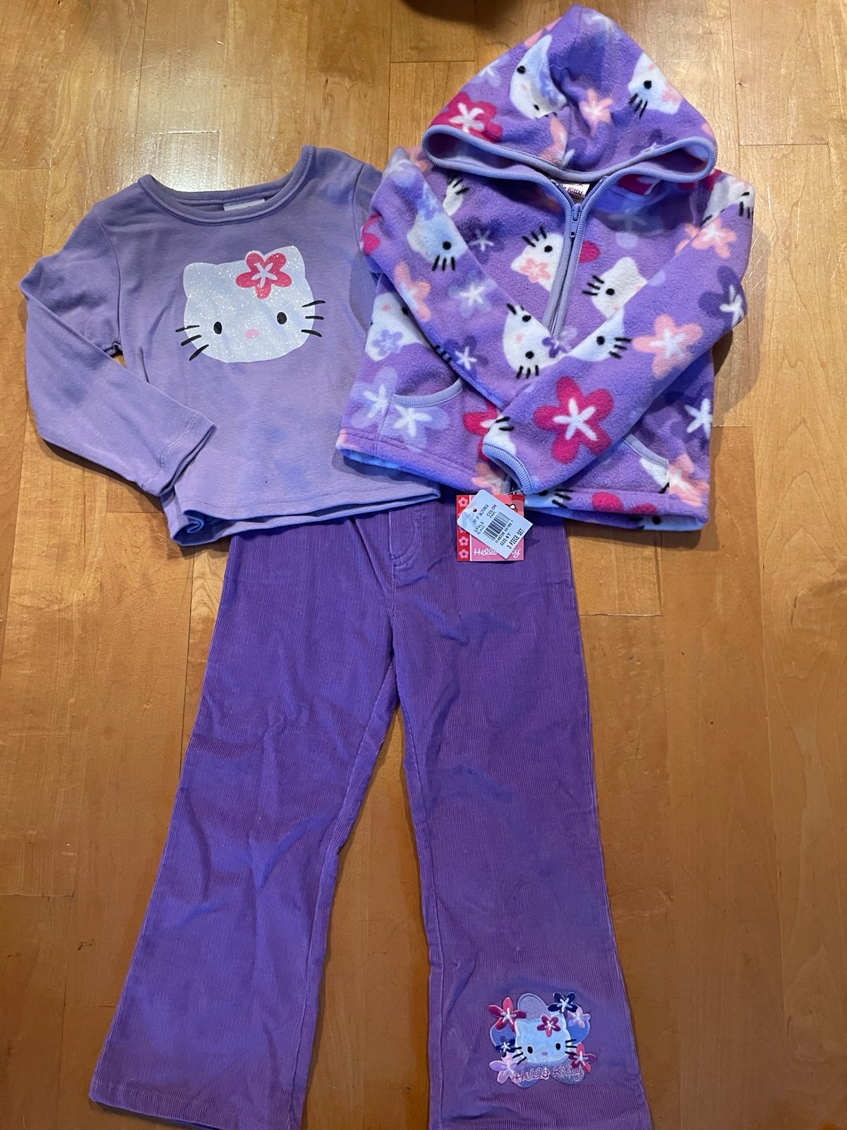 Sanrio Hello Kitty Outfit Set Pants, Top, Hooded Zip Jacket Size 4T Purple NWT