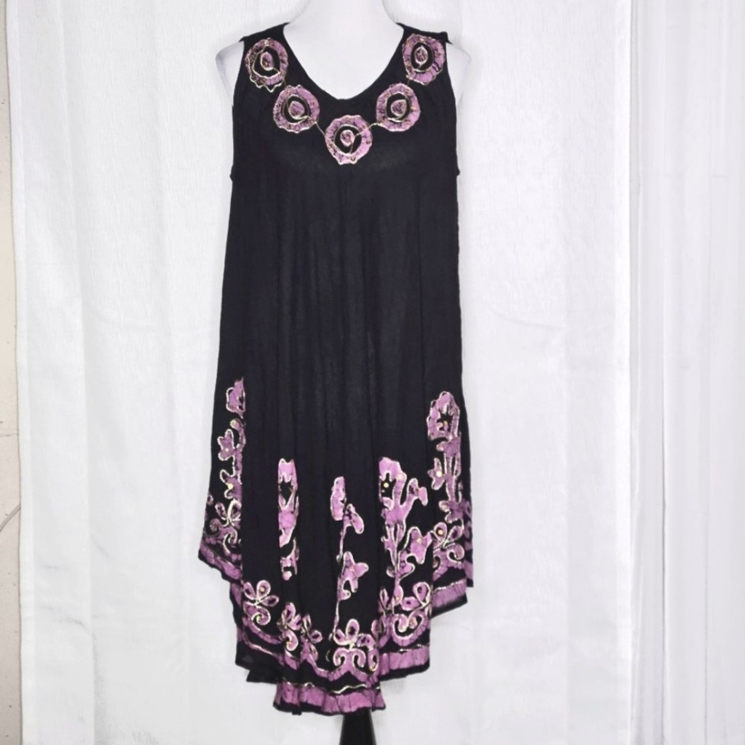 Cleopatra Vintage Asymmetrical Black Deep Pink Batik Sequins Sleeveless Dress