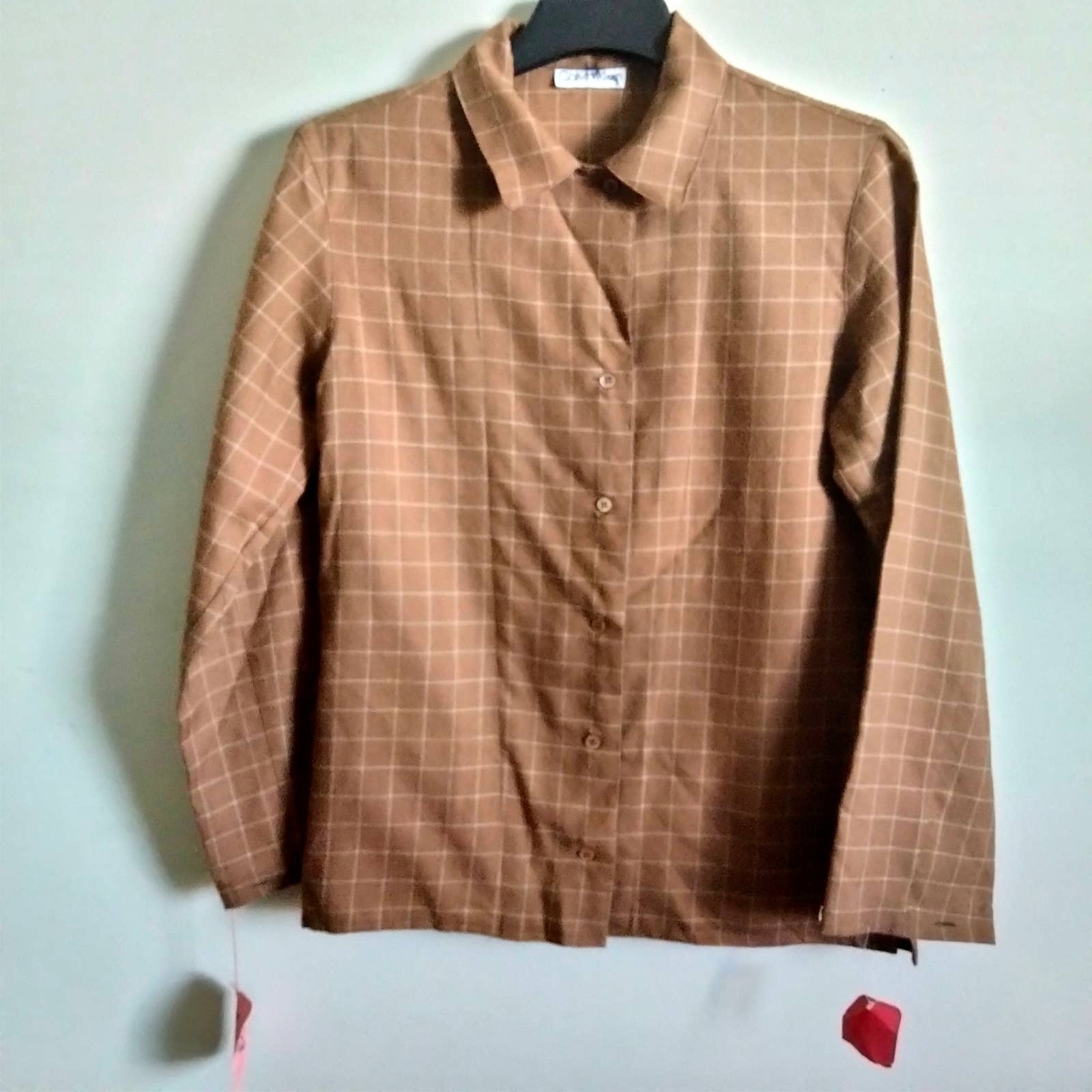 Calvin Klein Tan 100% Wool Windowpane Plaid Blouse Shirt 10 Vintage 80's