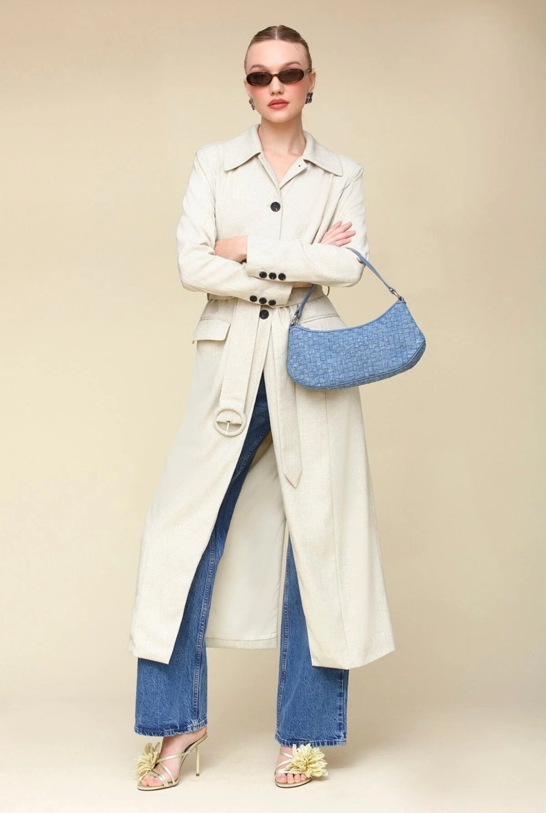 NWT The Avec Les Filles Cutaway Belted Maxi Trench Coat in Melange Bone