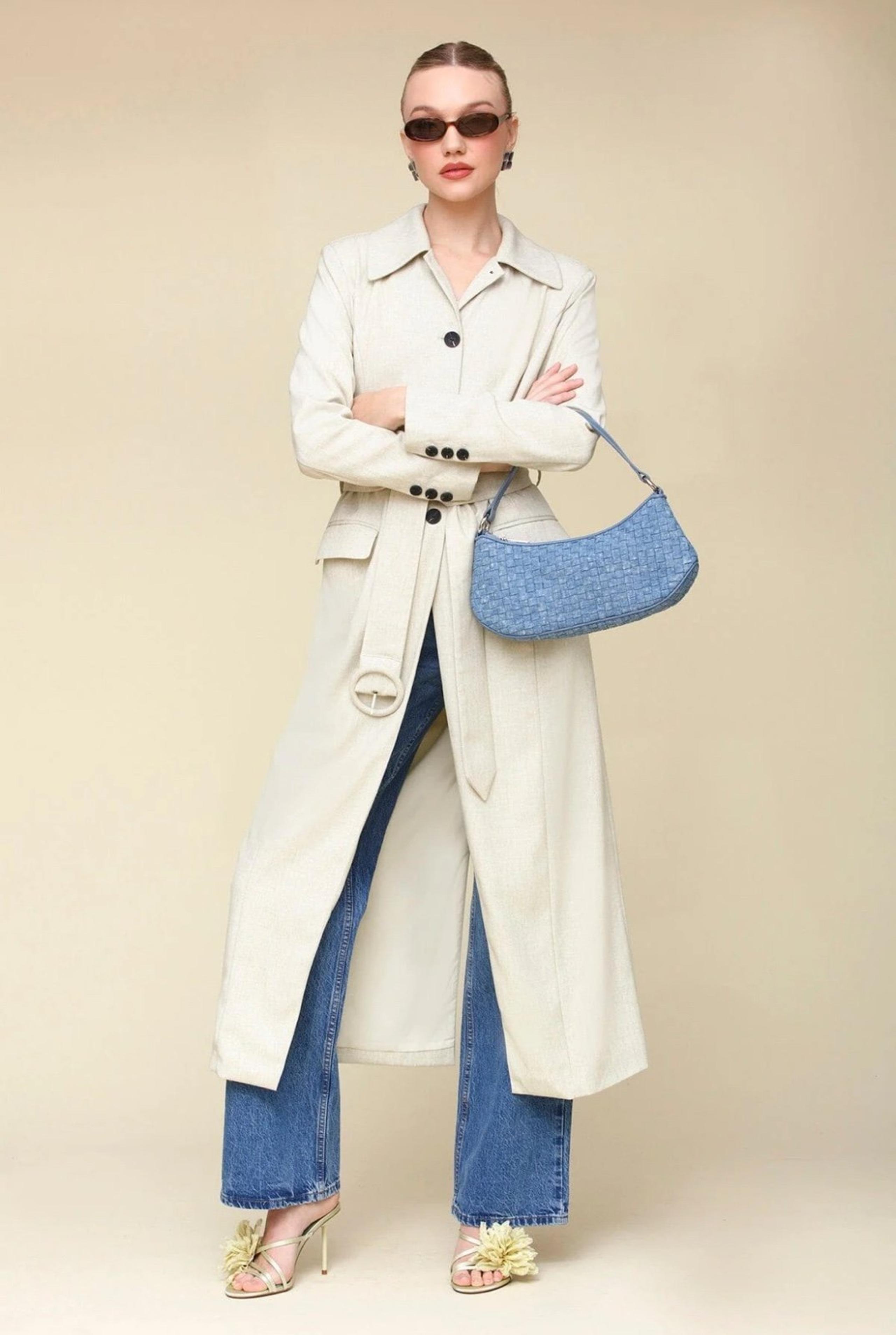 NWT The Avec Les Filles Cutaway Belted Maxi Trench Coat in Melange Bone