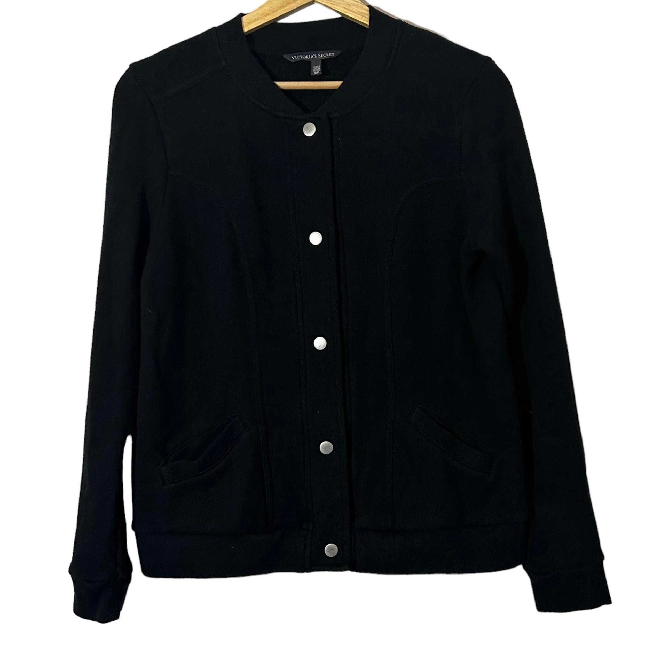 Victoria Secret Black Fleece Lined Jacket Size Small Snap Button Front Pockets