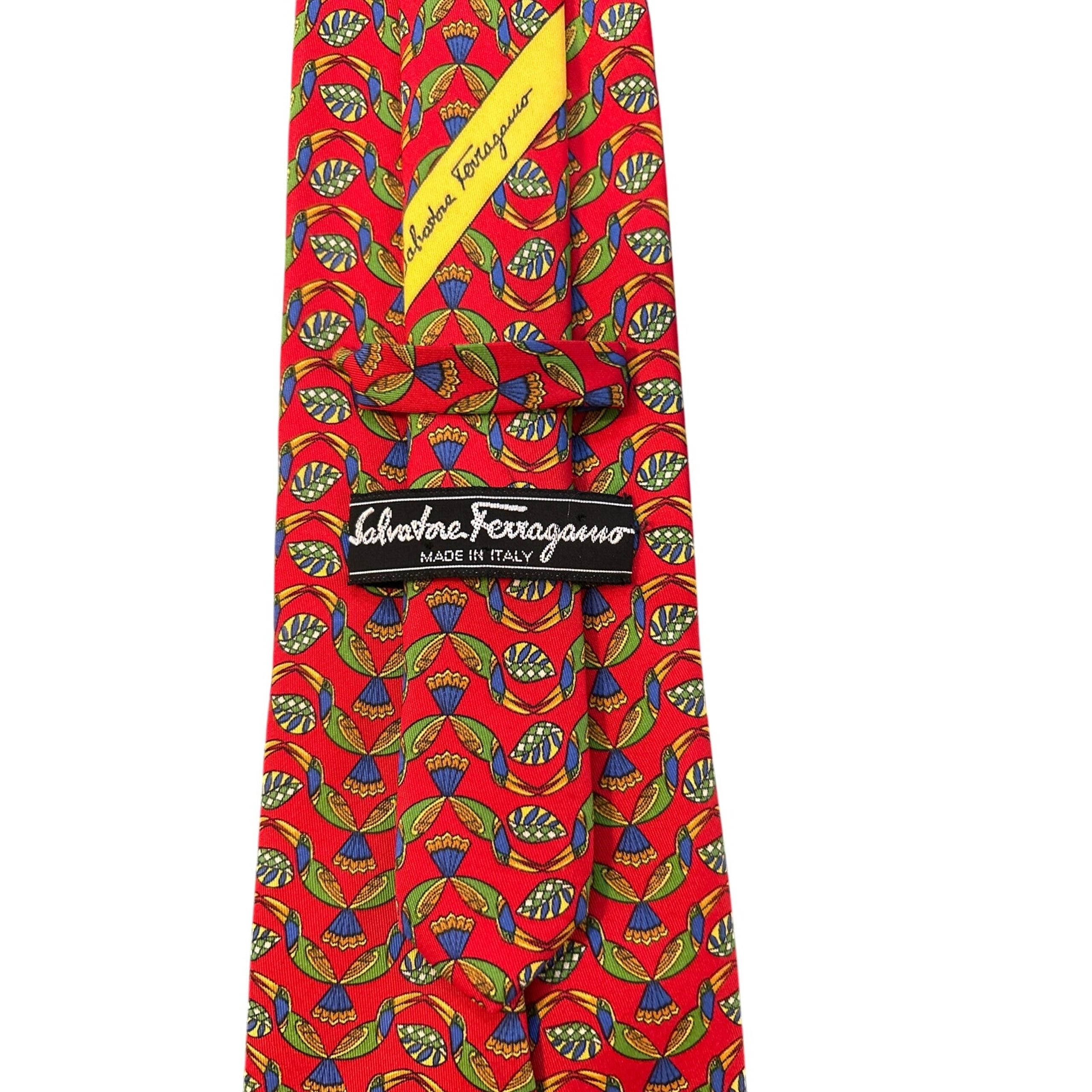 SALVATORE FERRAGAMO Mens 100% Silk Necktie ITALY Luxury Birds Red/Blue/Green EUC