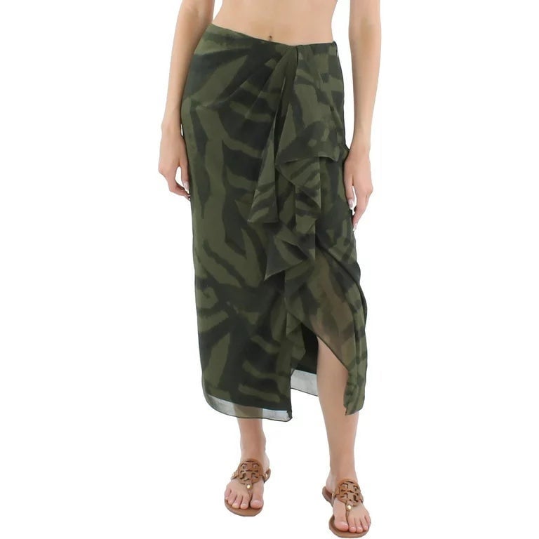 Lauren Ralph Lauren 6 Skirt Zebra-Print Georgette Midi Farm Olive Green NWT
