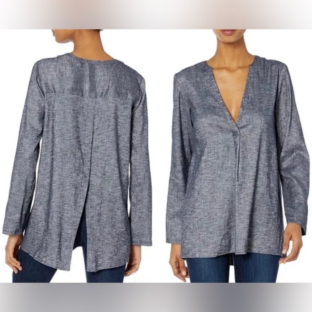 THEORY Ofeliah Tunic Top Small Linen Blend Split Back Tierra Blue Wash Coastal