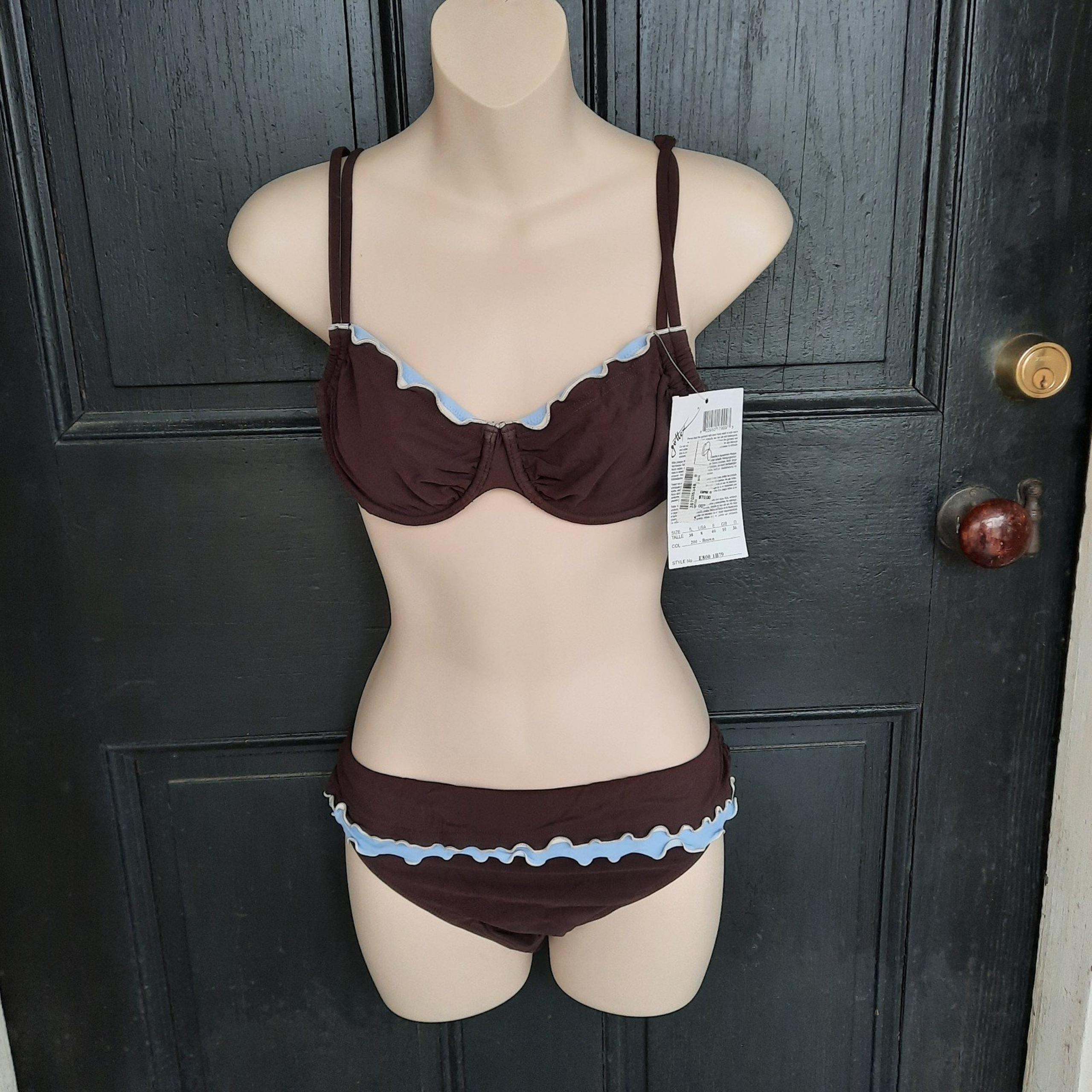 NEW Profile Gottex Split Size 8/12 Underwire Bikini Brown & Blue Confetti Trim