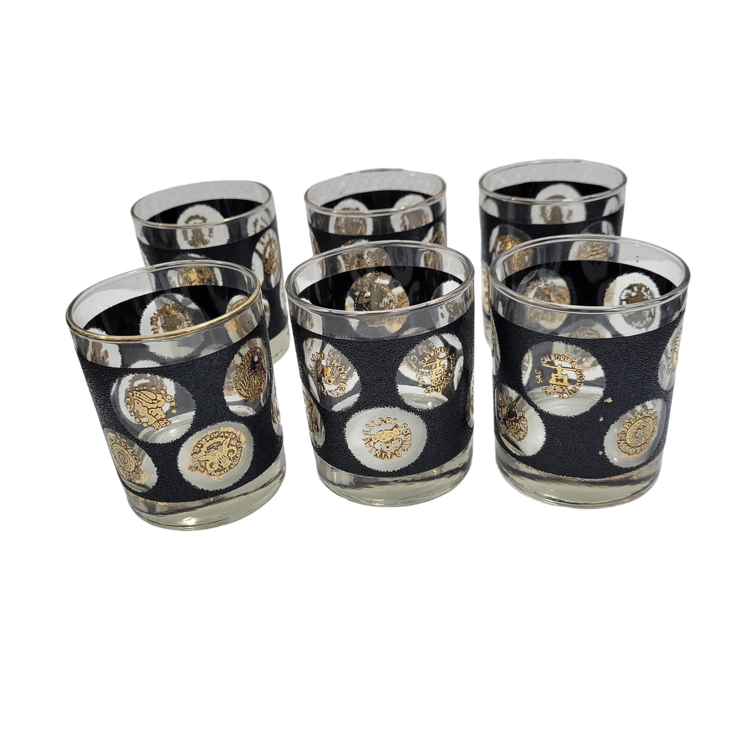Libbey Vintage  1960's Black & Gold Embossed Coin 8 oz Whiskey Glasses 81724-1TC
