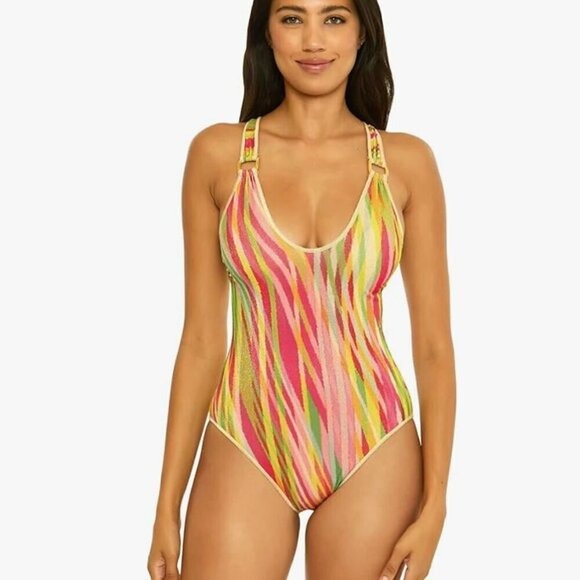 New! Becca Awaken One Piece Swimsuit Sparkly Shimmer Stripes