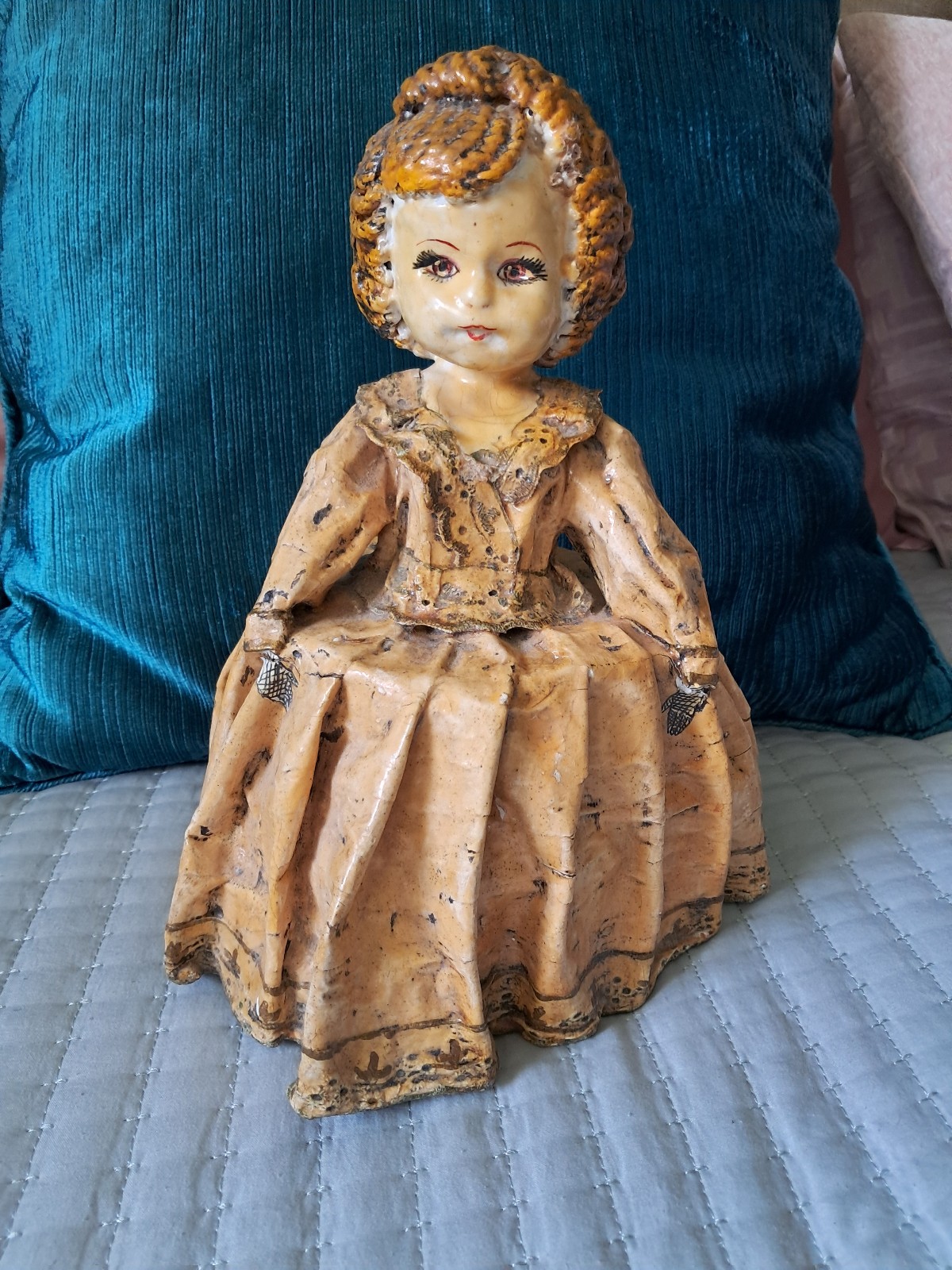 Antique Paper Mache Wax Hand Painted Display Shelf Doll