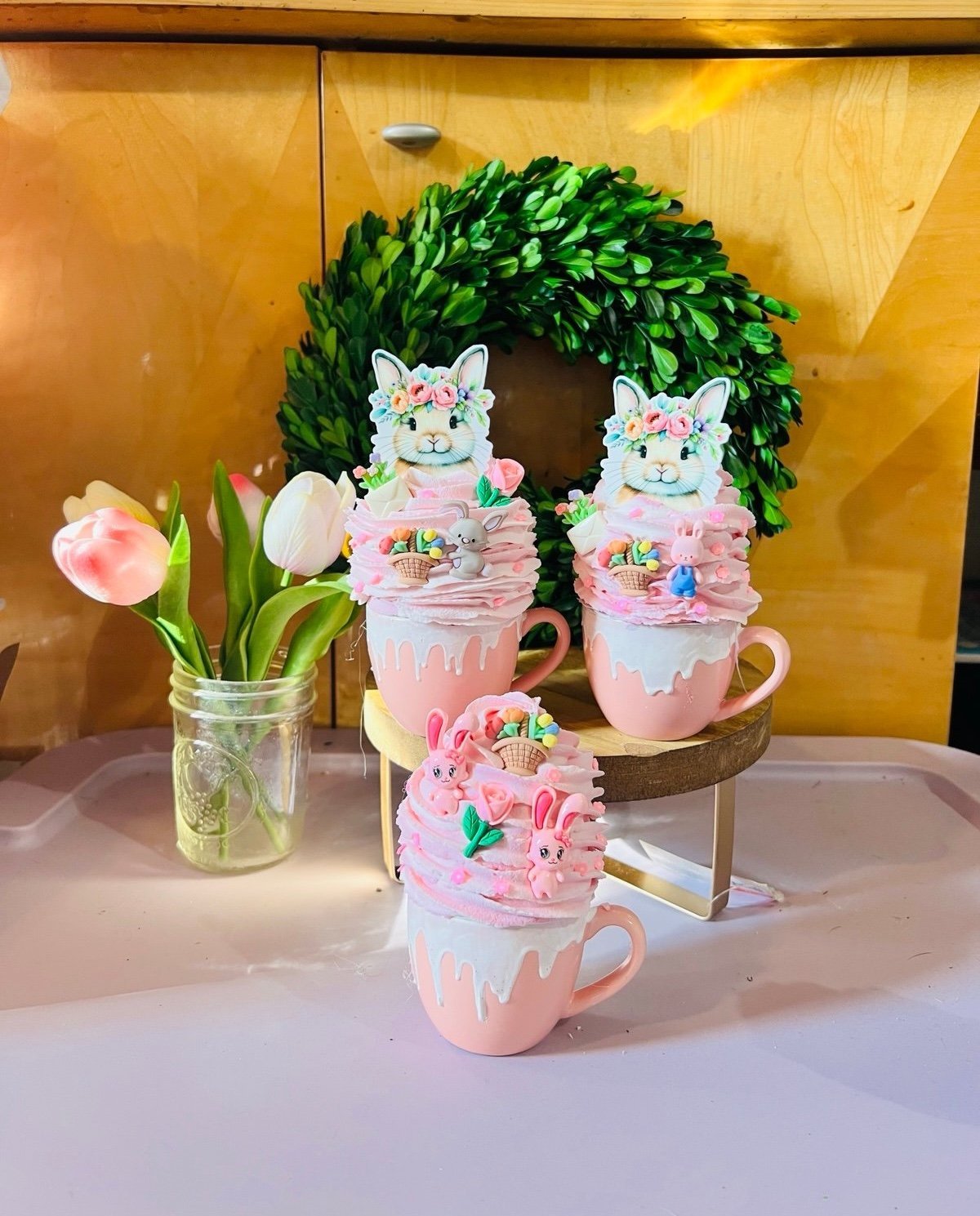 Set of 3 Super cute Pink Faux whip Easter bunny decor espresso mugs