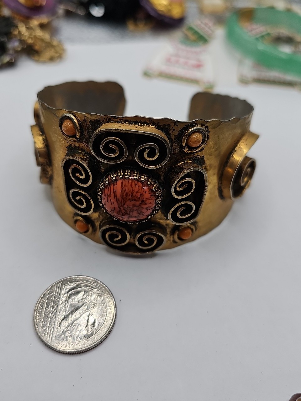 VINTAGE HANDMADE TRIBAL MIXED METAL,COPPER REAL STONES ADJUSTABLE CUFF BRACELET