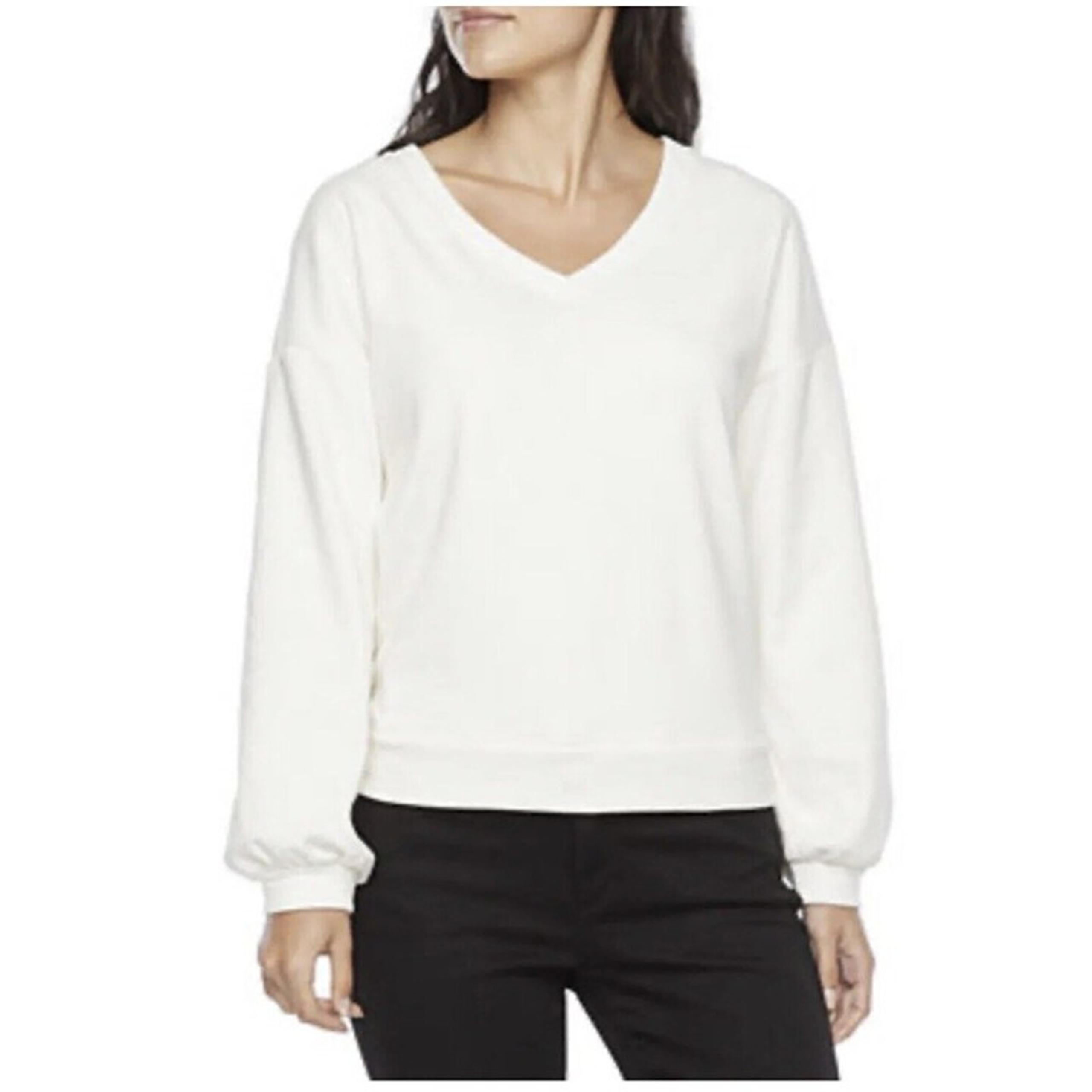Liz Claiborne Womens V-Neck Sweatshirt Size Large Top Fleece Pullover Cream NEW