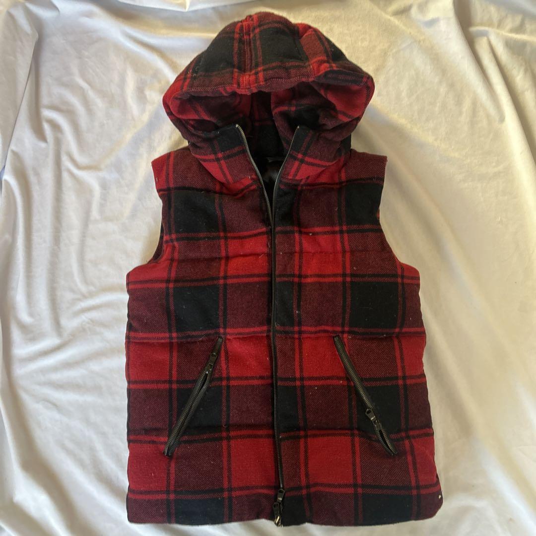 Men's Red and Black Check Hooded Down Vest, Size M