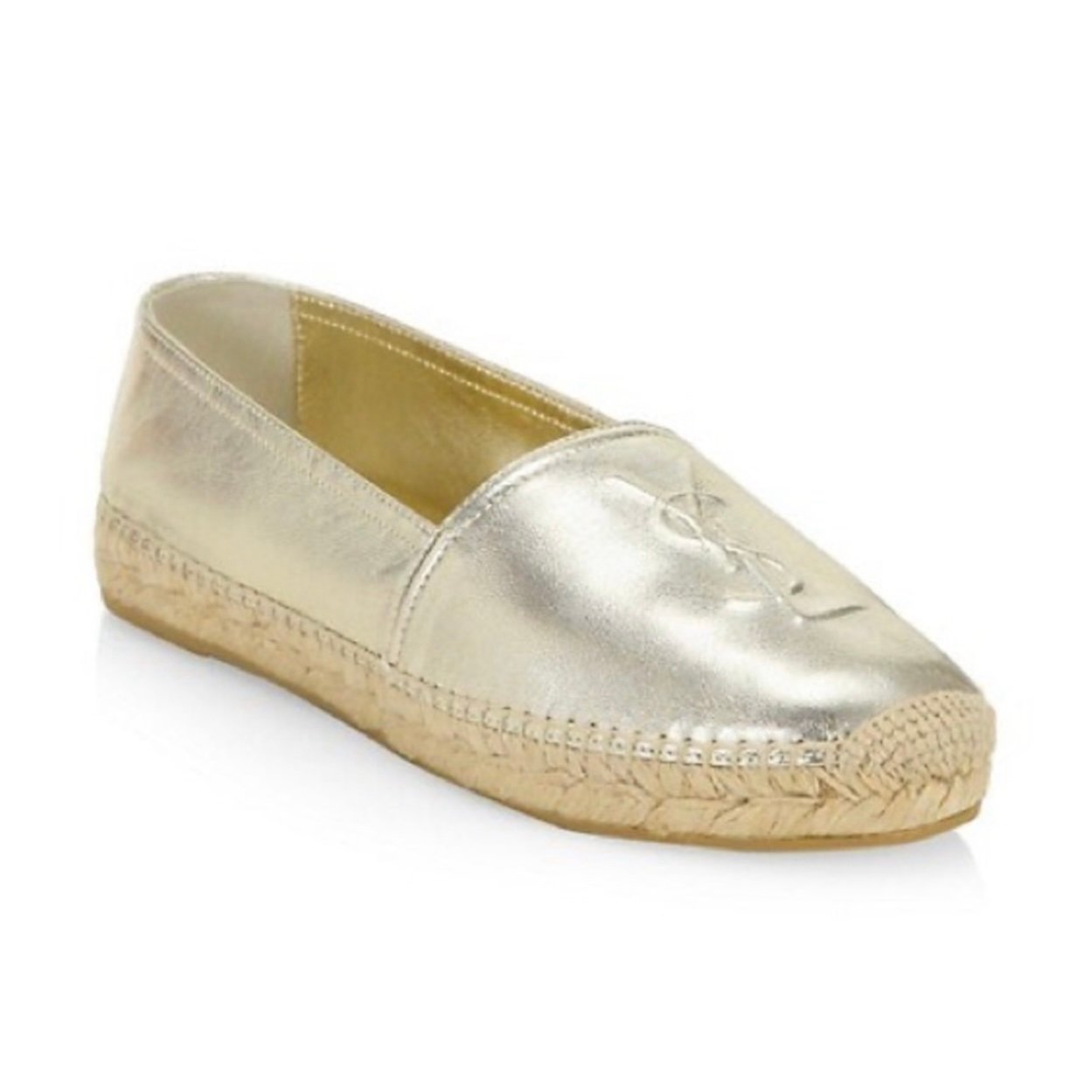 Saint Laurent YSL Logo Metallic Leather Espadrilles in Pale Gold Size 38.5