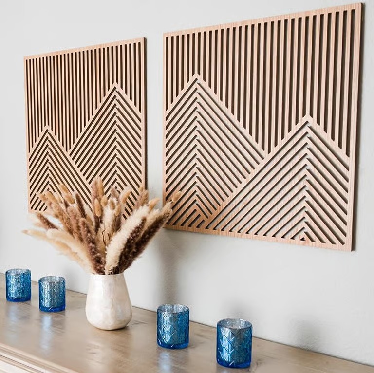 Large 23.5”x23.5”, 2 Pcs Wood Mountain Wall Art - Modern Wooden Panel Mountain