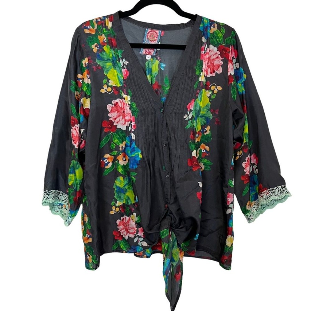 Johnny Was Gray Floral Tie Front Silk Blouse Size L Women