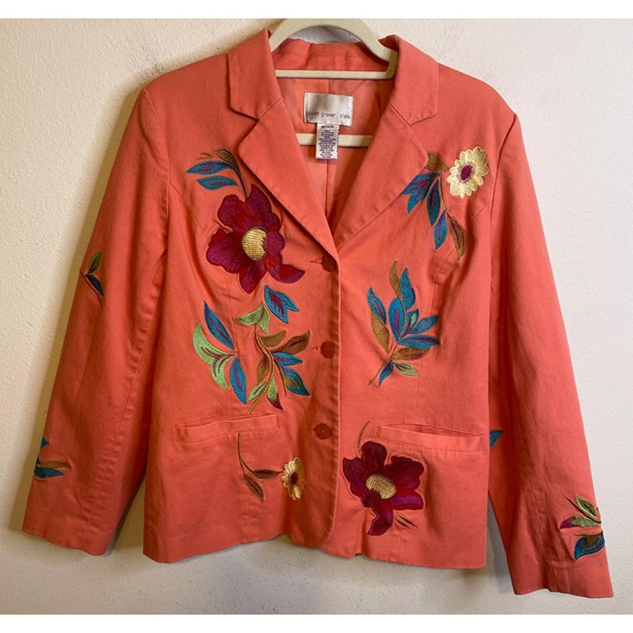Susan Graver Womens Floral Embroidered Button Blazer Coral Jacket Size MEDIUM