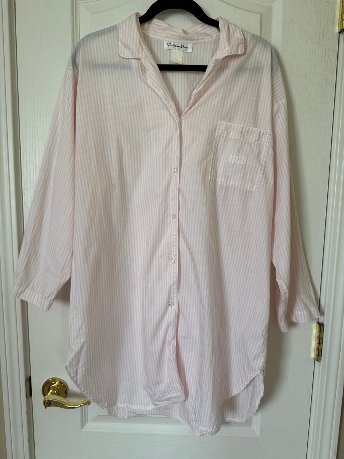 Vintage Christian Dior Pink White Striped Button Down Sleep Shirt *large*