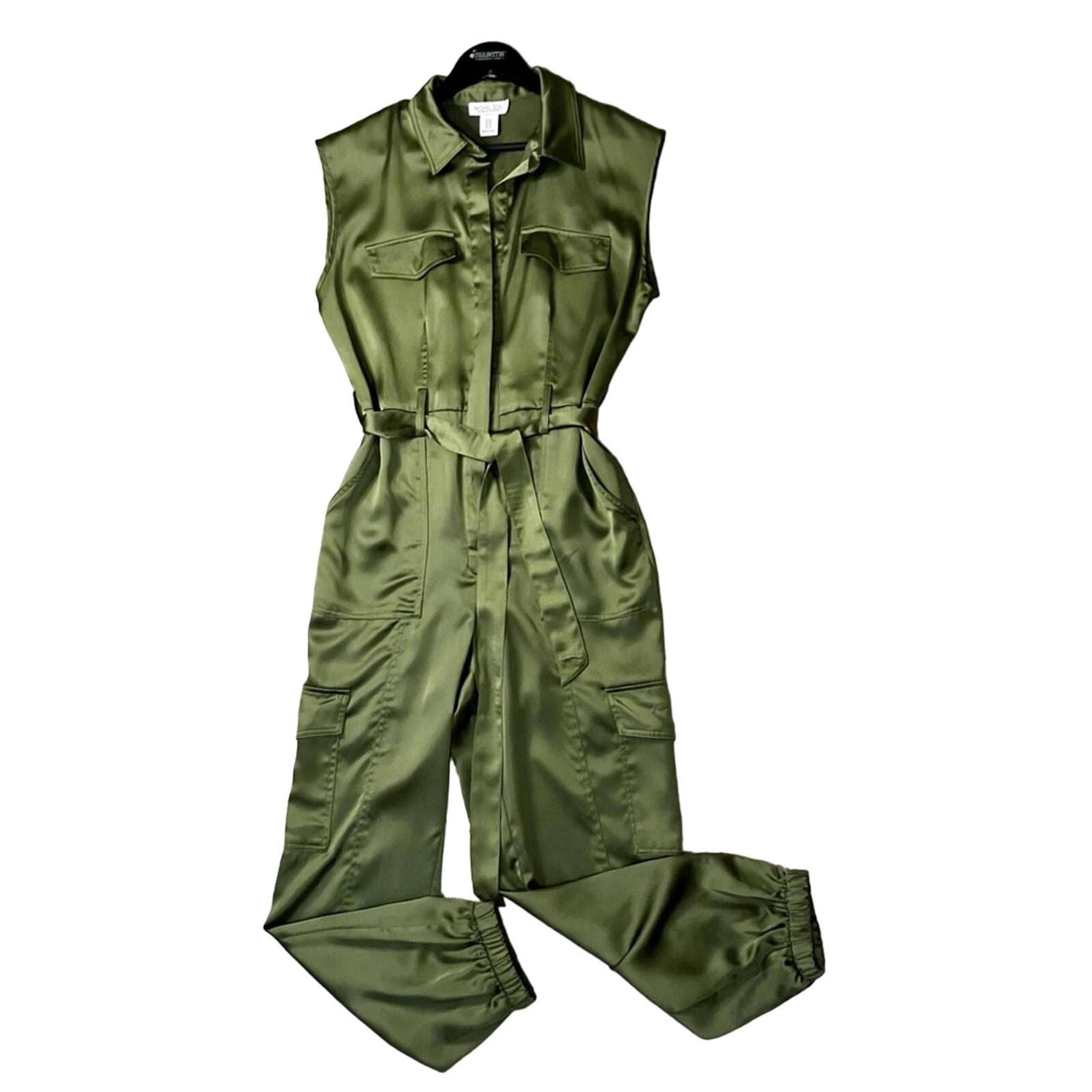 Olive Green Satiny Cargo Jogger Belted jumpsuit Size 10 NWOT - Rachel Zoe