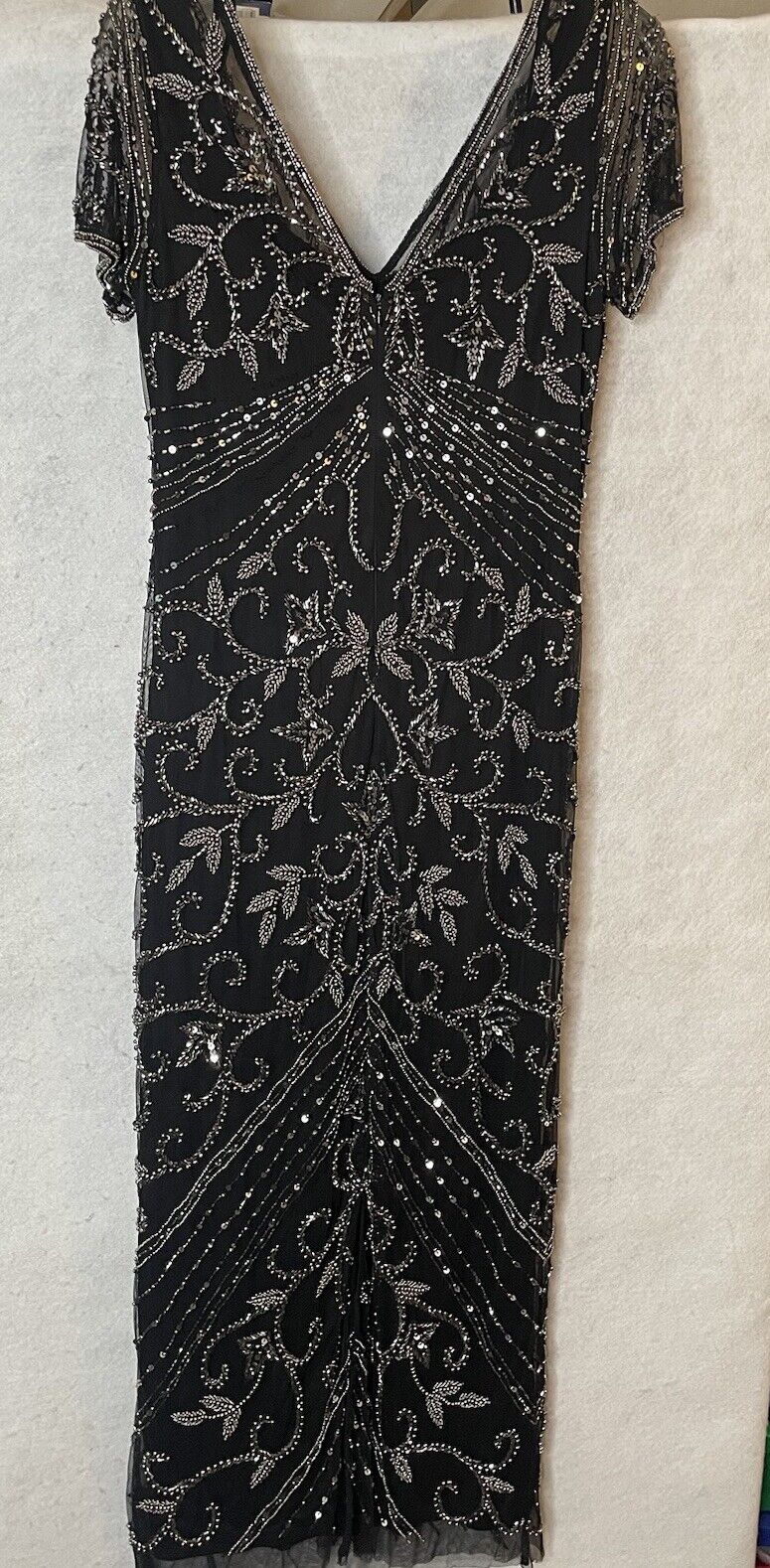 NWT Pisarro Nights Beaded Mesh Column Gown Carbon 6