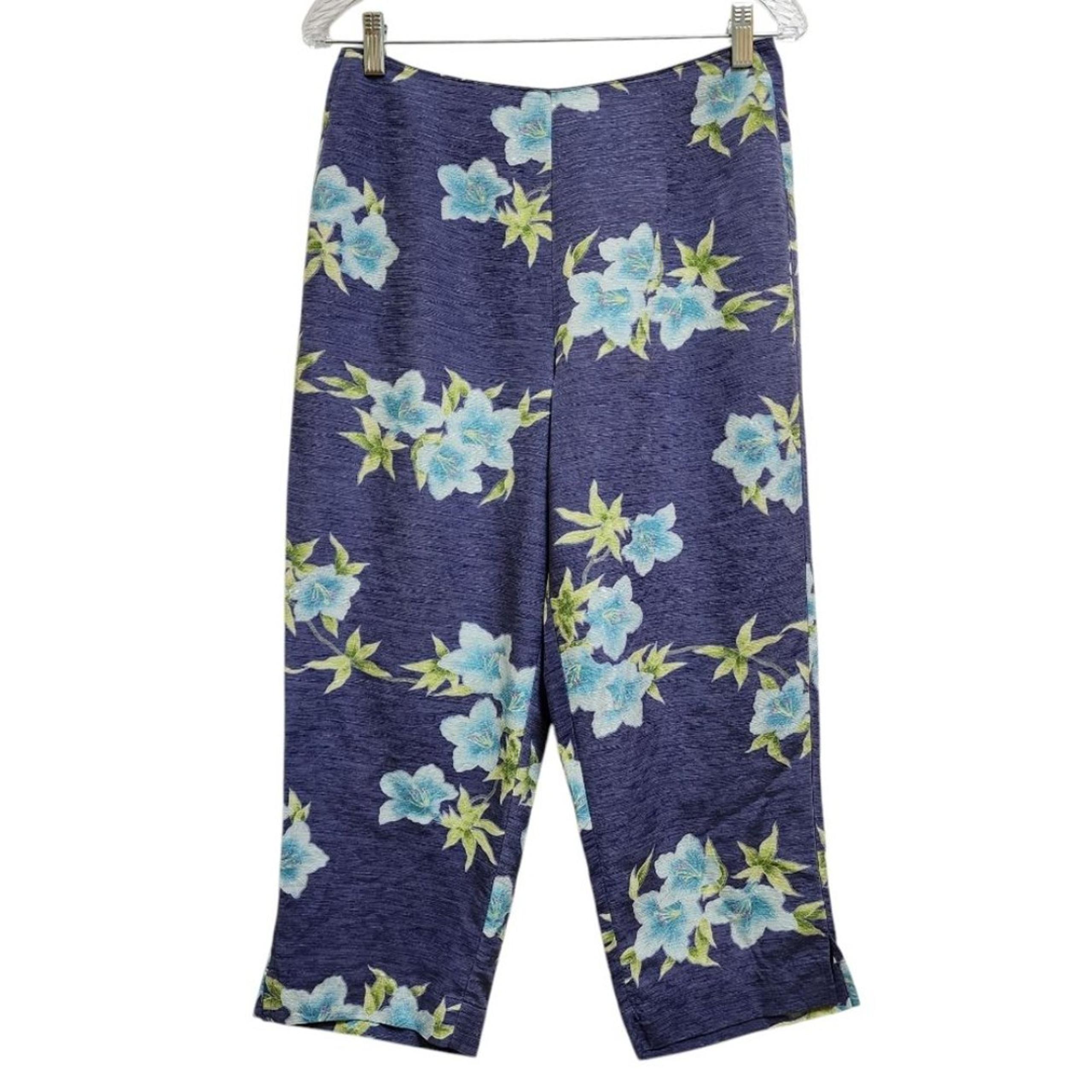 Tommy Bahama Pants Womens 10 Blue Silk Floral Crop Zip Lightweight Beach Boho